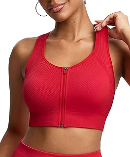 Front Zip Sports Bra Seamless Sewn in Pads Racerback Wide Straps Medium Impact for Running Yoga Gym