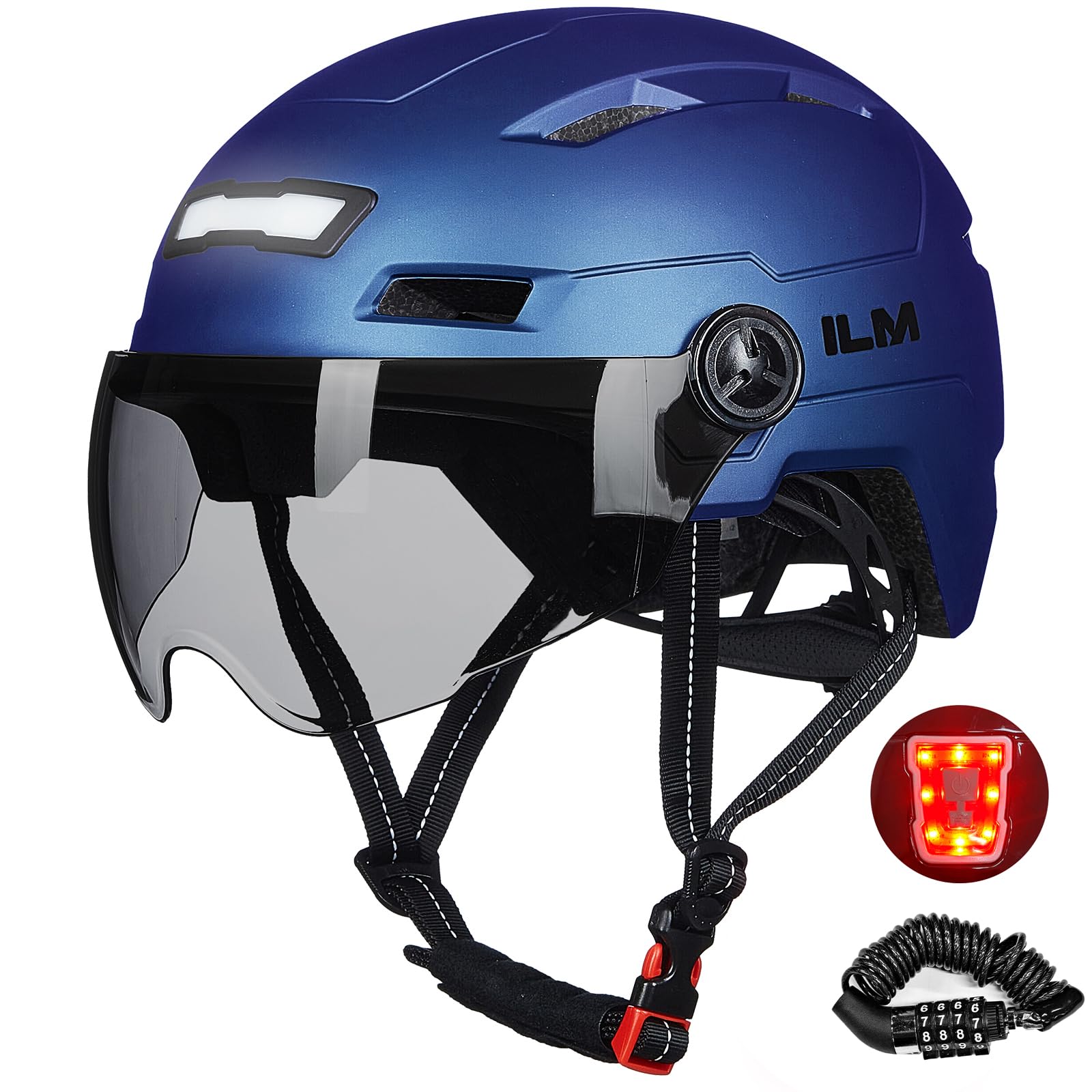 ILM Bike Helmet Men Women with Lock USB Front and Back Light Unisex Adult for Cycling Bicycle Scooter E3-10L,Purple Blue,XS