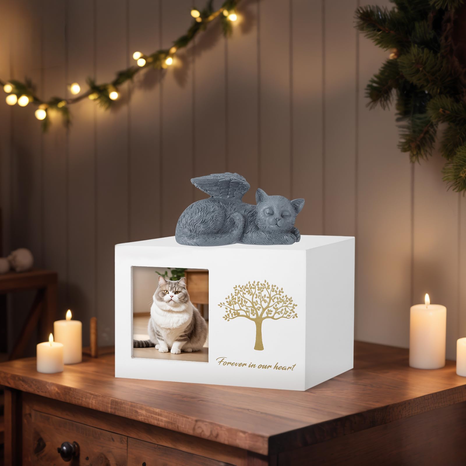 Tierurnen für Katze,katzenurne,katzenurnen für zuhause für Haustierasche mit Foto,Tierurne mit Einer Katzenengel-Statue aus Kunstharz und einem Samtbeutel zur Aufbewahr
