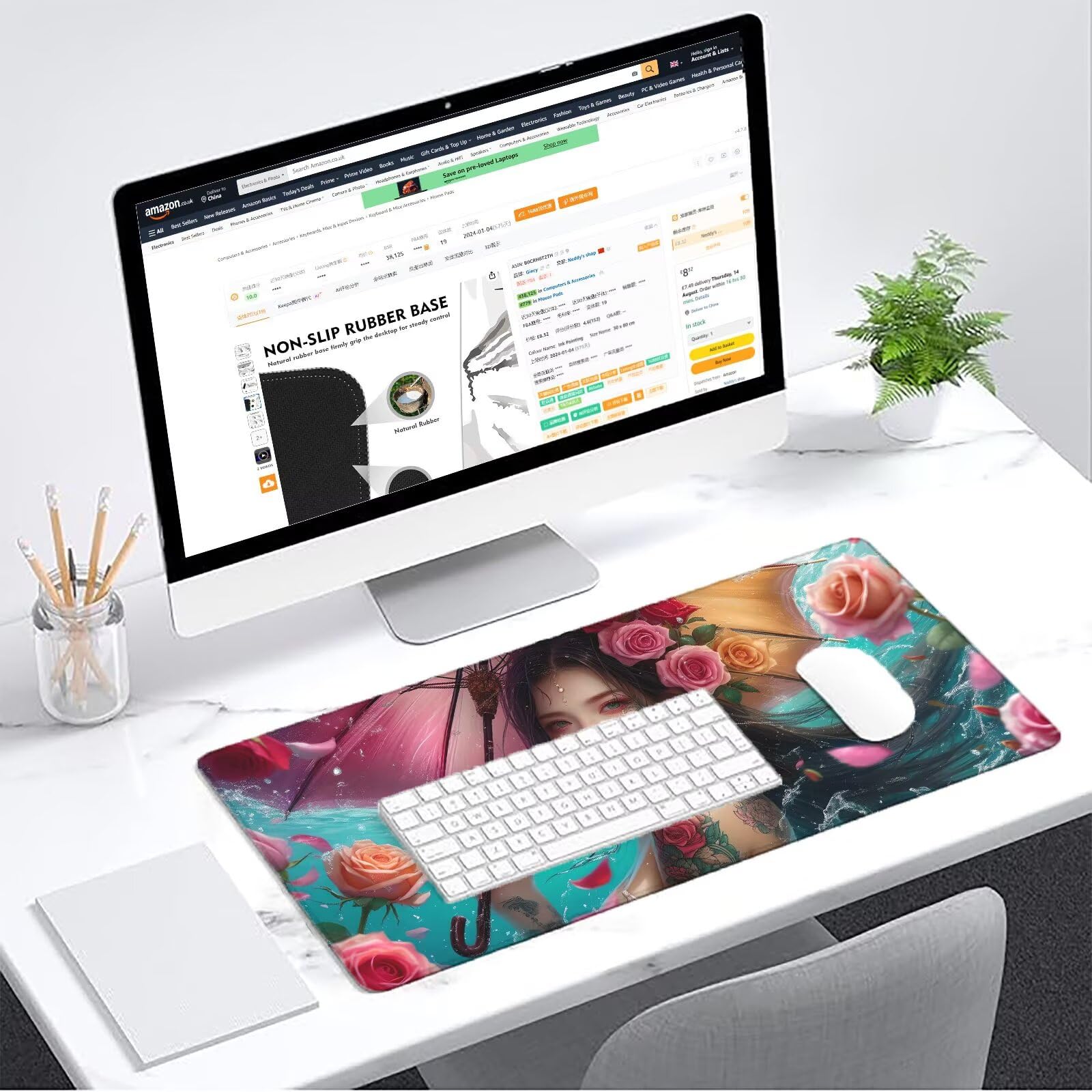 Podkładka pod mysz różowa XXL 1600 x 800 mm mata biurkowa kwiaty podkładka pod mysz jednoczęściowa gumowa podstawa antypoślizgowe krawędzie akcesoria biurowe praca szyta mysz do komputera biurowego