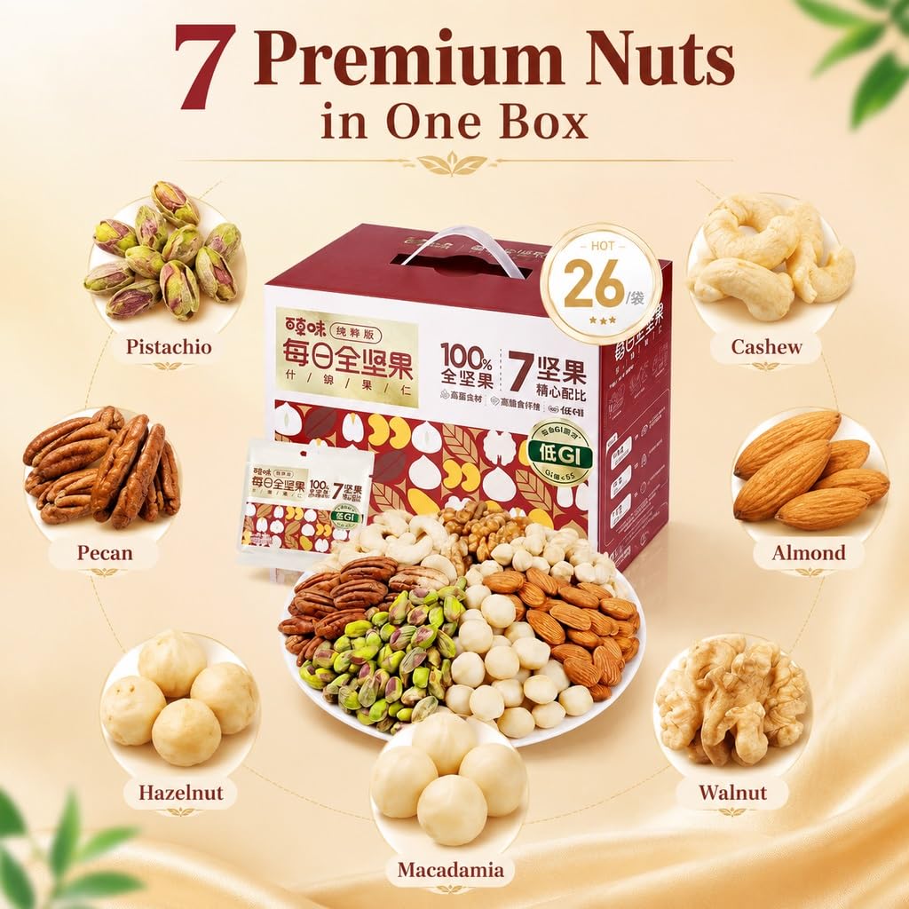Snacks Puros De Frutos Secos Mixtos 650 G (30 Paquetes X 25 G) | Mezcla 7 Nueces | Ligeramente Tostado, Sin Azúcar Añadido, OGM | Portátil For Viajes, Oficina, Refrigerios Saludables Diarios