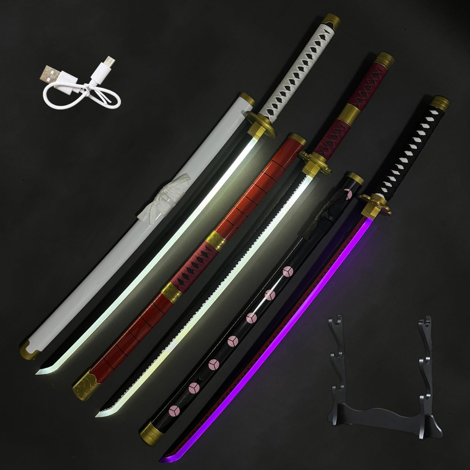 AME-COSMOAFLAIR Roronoa Zoro 3 Piece Set Swords,Kitetsu,Shusui,Wado Ichimonji,Zoro Role Play Accessories Sword，Blades Can be Lighted,for Role-Playing and Collection
