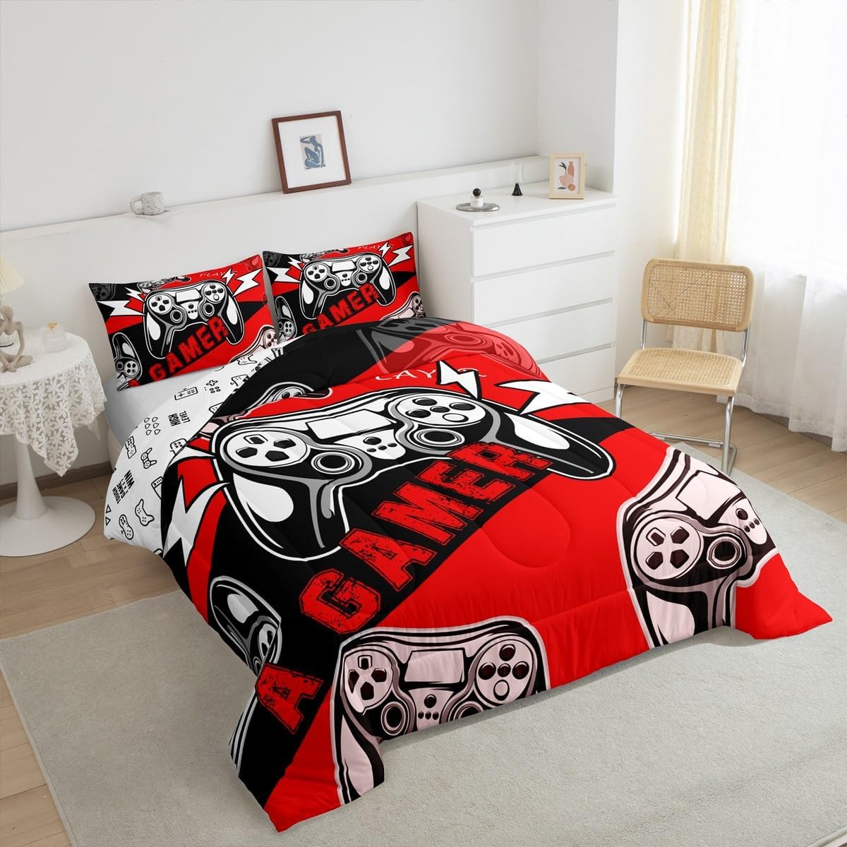 Erosebridal Twin Comforter Set for Boys Girls Kids,Gamer Comforter Sets for Boys Teens Video Game Bedding Set,Gaming Console Comforter Bedroom Decor Red Black 2Pcs image 4