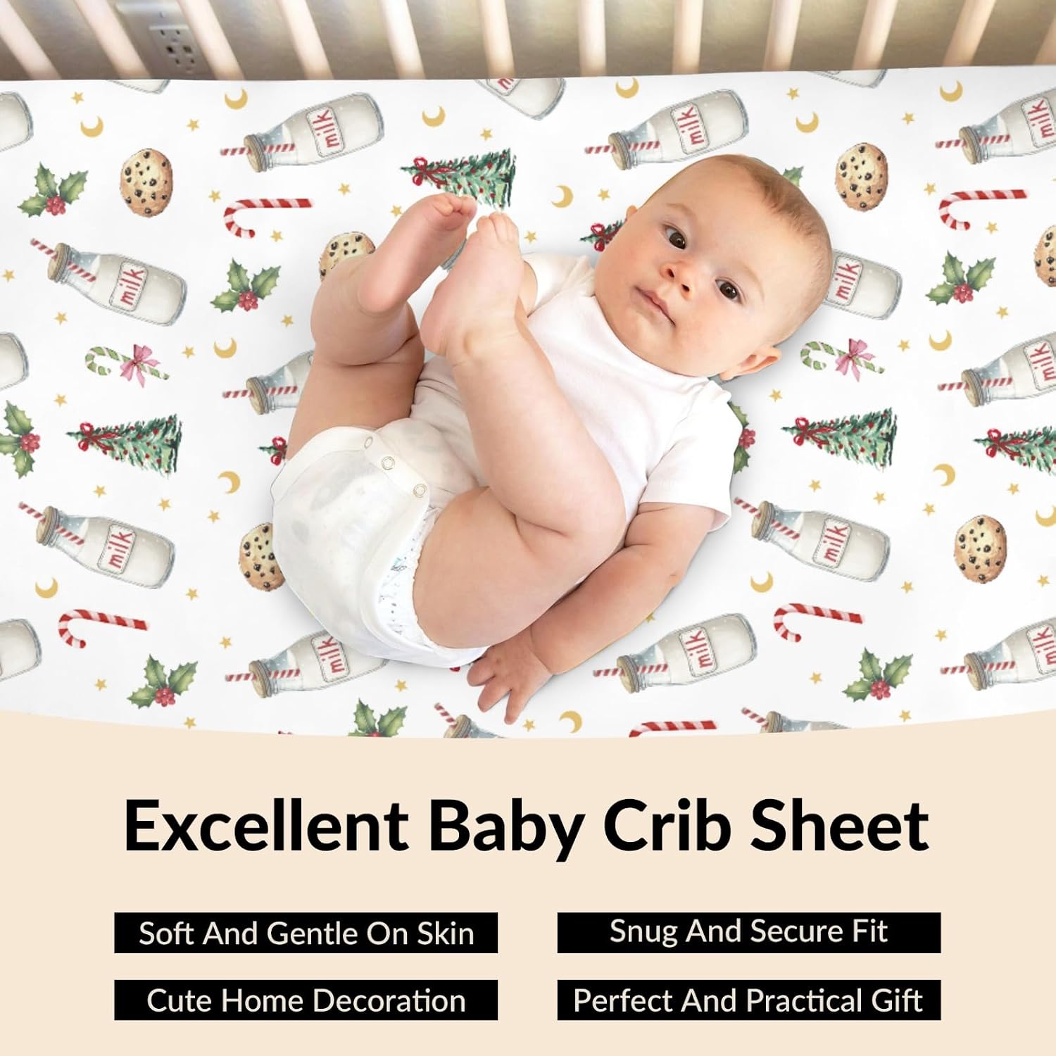 Christmas Cookie Milk Candy Cane Bows Baby Crib Sheets Cute Christmas Trees Holly Moon Stars Bed Sheets Winter Festive Holiday Fitted Crib Mattress Cover for Standard Crib Mattresses 52''x28''