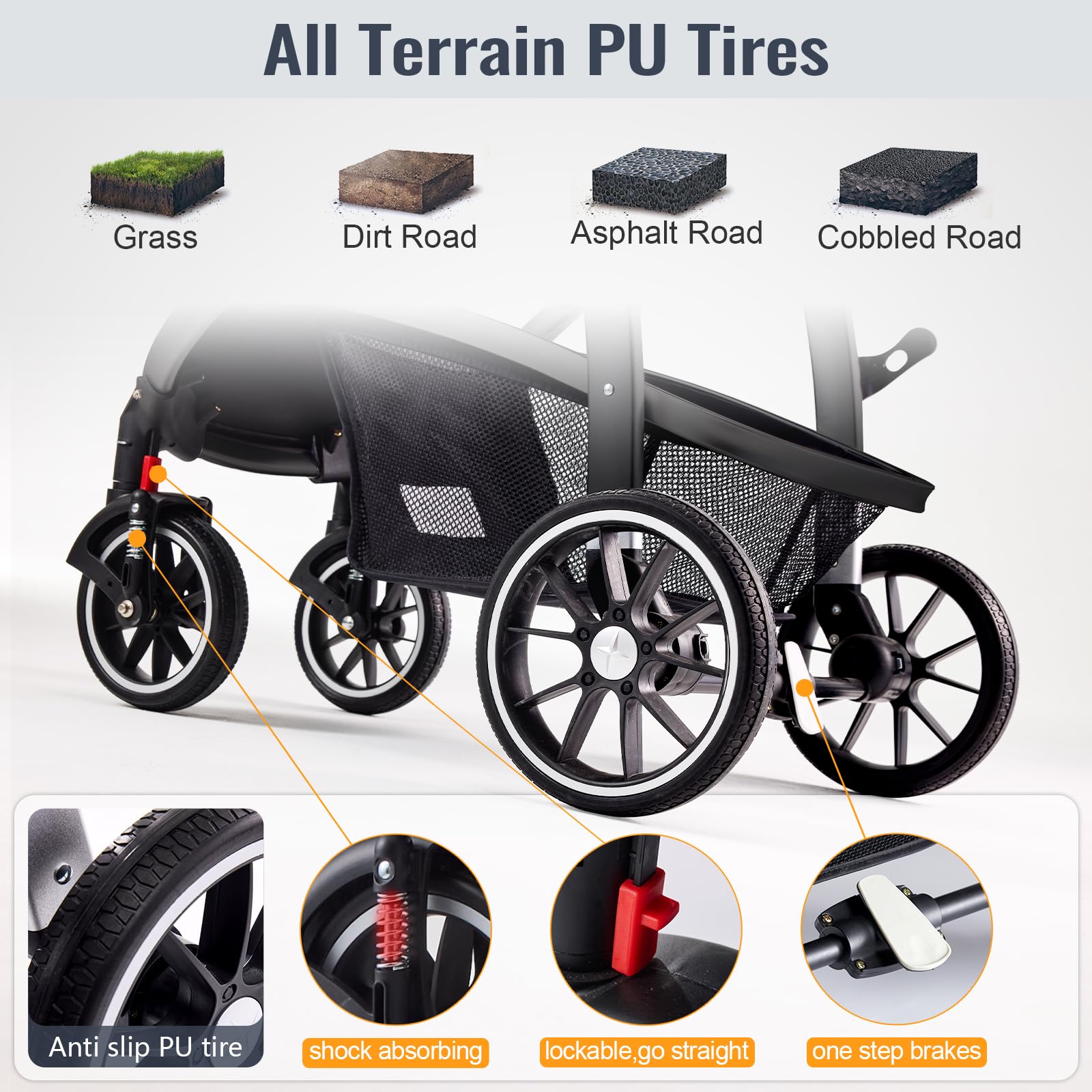 Baby Stroller, 2-in-1 Reversible Toddler Seat with Lie-Flat Mode, Foldable Infant Stroller with Canopy, One Button Brake, Adjustable Handle, Newborn Pushchair (Black B) - 5