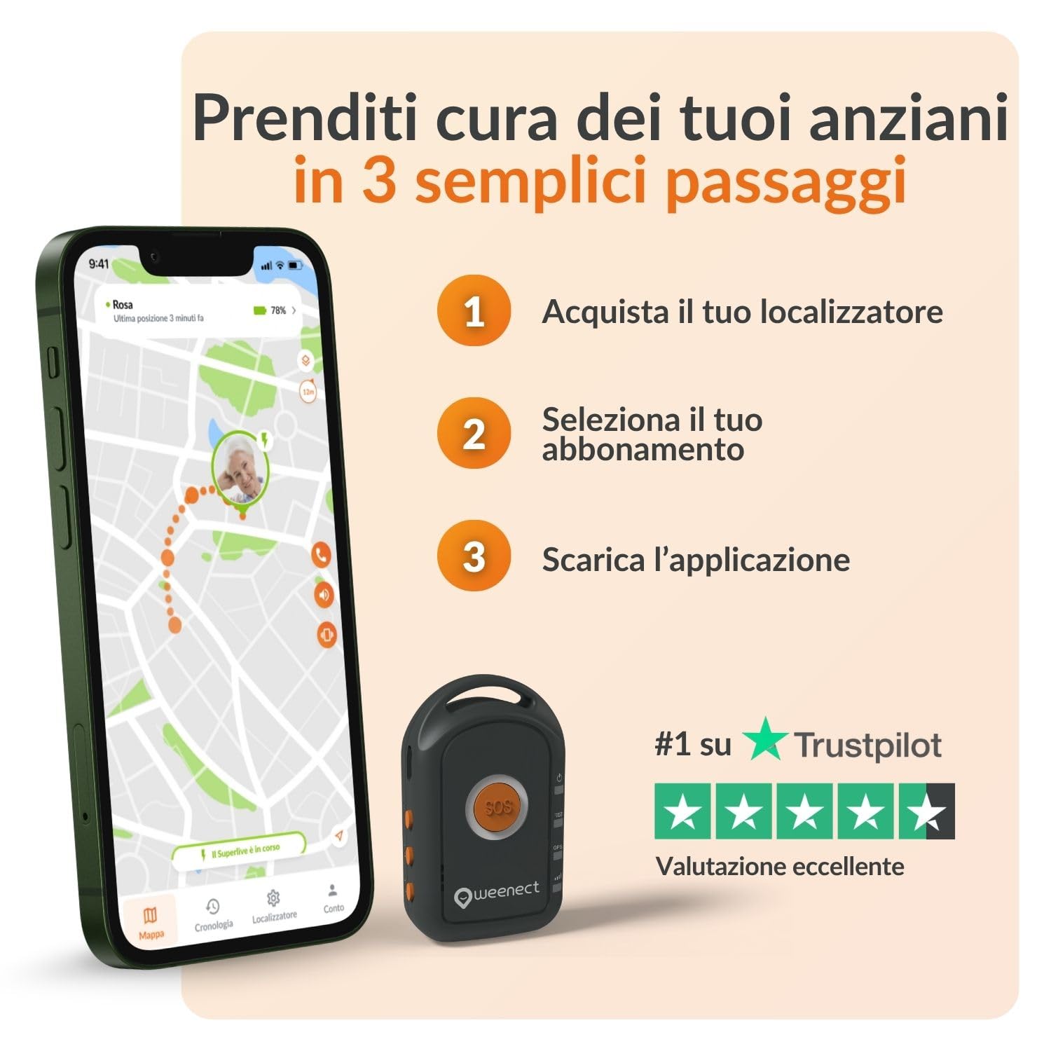 Weenect - GPS per anziani | Senza limiti di distanza | 7 giorni di autonomia | Pulsante di allarme | Telefono di emergenza | 2G | Funziona con abbonamento