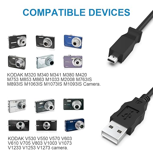 Miniatura 2 de Puiixur - Cable de repuesto para cámara USB compatible con Kodak M320, M340, M341, M380, M381, M420, M530, 3.93 pies, color negro