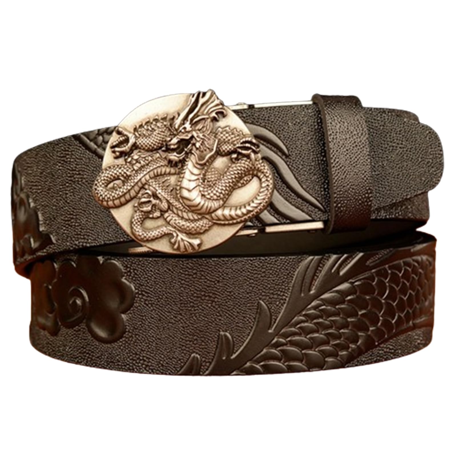 BDAYEK Men's Belt Men'S Belt Embossed Dragon Ratchet Dress With Automatic Buckle Cowhide Leather 35Mm Wide(Black,125Cm/49)