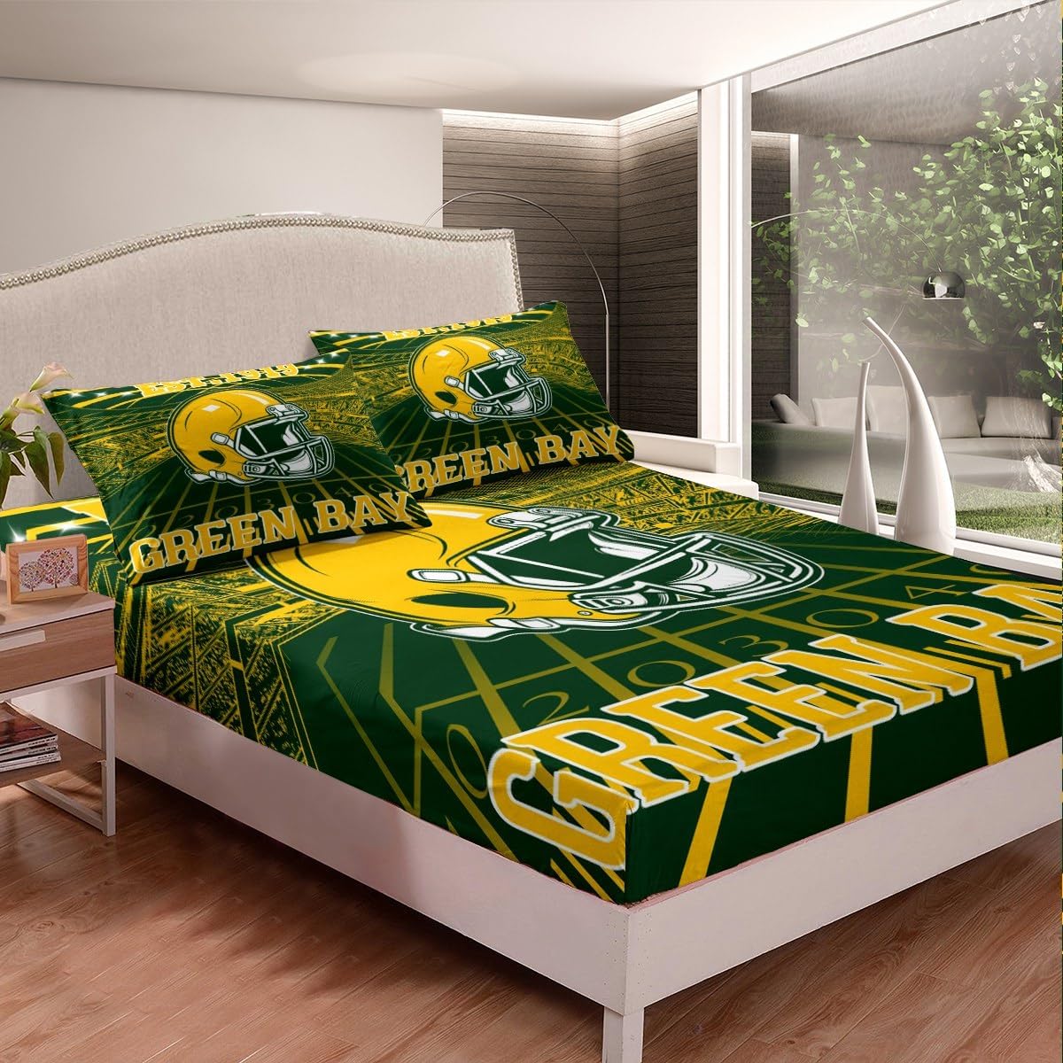 Erosebridal Football City Color Sheets Rugby Football Team Bedding Set, 3D Sports Fan Gifts Fitted Sheet Green and Yellow Rugby Helmet Bed Sheets Full Size with 2 Pillowcases (Green Bay)