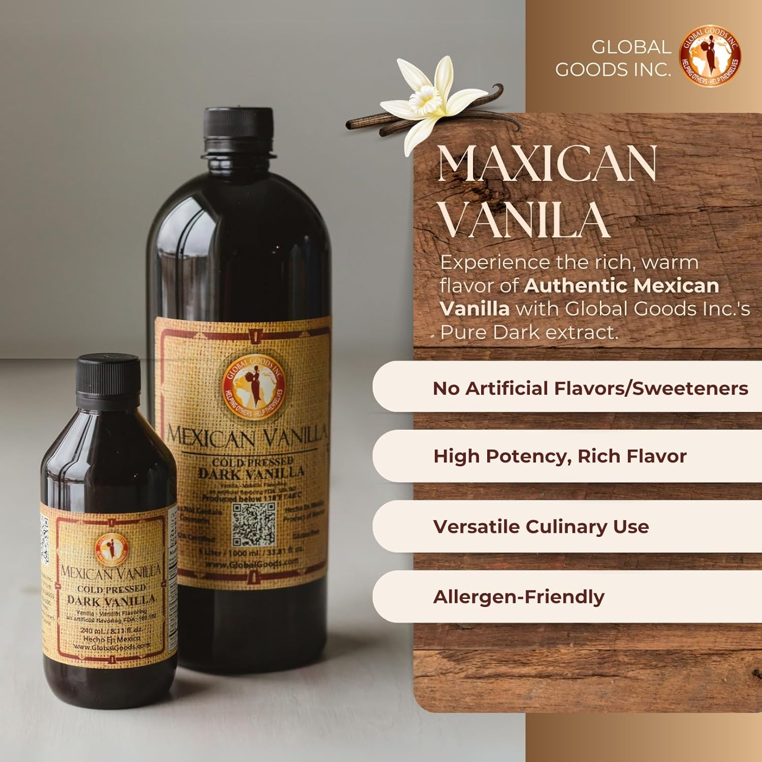 Pure Dark Mexican Vanilla Extract Gluten-Free Vanilla for Baking, Cakes, Cookies, Desserts, Coffee & Beverages (1 Liter / 33.81 fl oz) – Natural, No Coumarin, Bold Flavor