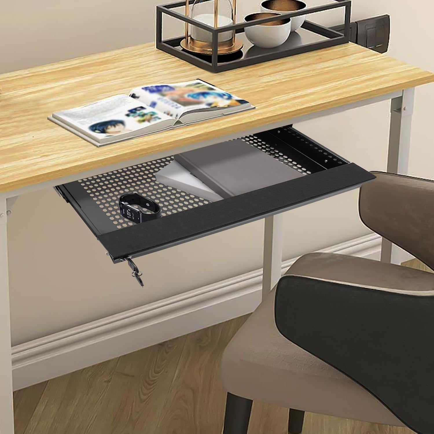 Under Desk Mounted Sliding Pull-Out Drawer Organizer with Lockable Design, Padded Laptop Shelf, Shallow Storage for 20-Inch Laptops, Slide-Out Undermount Drawer for Office, Home