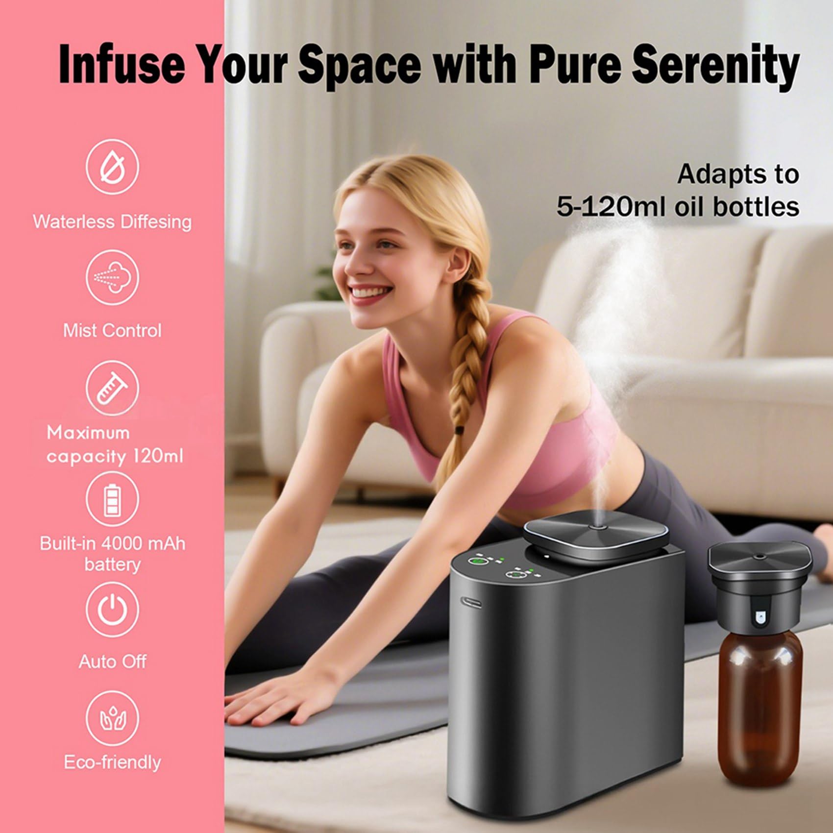 2X Difusor de Aceites Esenciales Sin Agua. Batería Grande de 4000 MAh, Capacidad de 100 Ml, Ideal para Hoteles, Habitaciones Grandes y Oficinas.