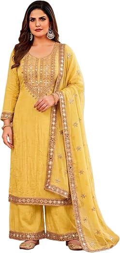 KRESHVAA Women's Designer Yellow Kurta Set with Palazzo & Dupatta | Heavy Mirror Work Ethnic Partty Wear | Haldi Ceremony ...