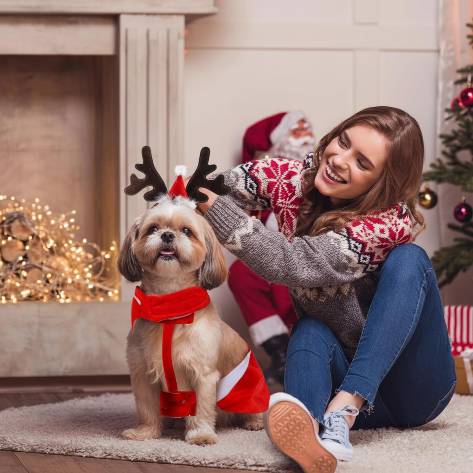 Frienda 2 Pcs Christmas Dog Costume Santa Claus Riding Pet Cosplay Costume and Reindeer Antler Headband Xmas Puppy Clothes Christmas Party Dressing up Outfit for Small Medium Large Dog Cat(X-Large)