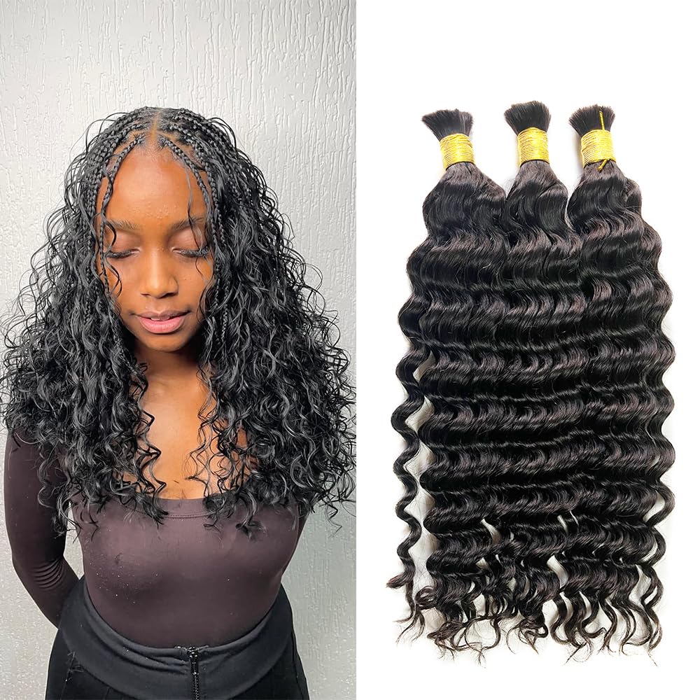 XISHIHONGYAN Bulk Human Hair Deep Curly - 3 Bundles (150g) Weft-Free Seamless for Box & Boho Knotless Braids 20 Inch Natural Black
