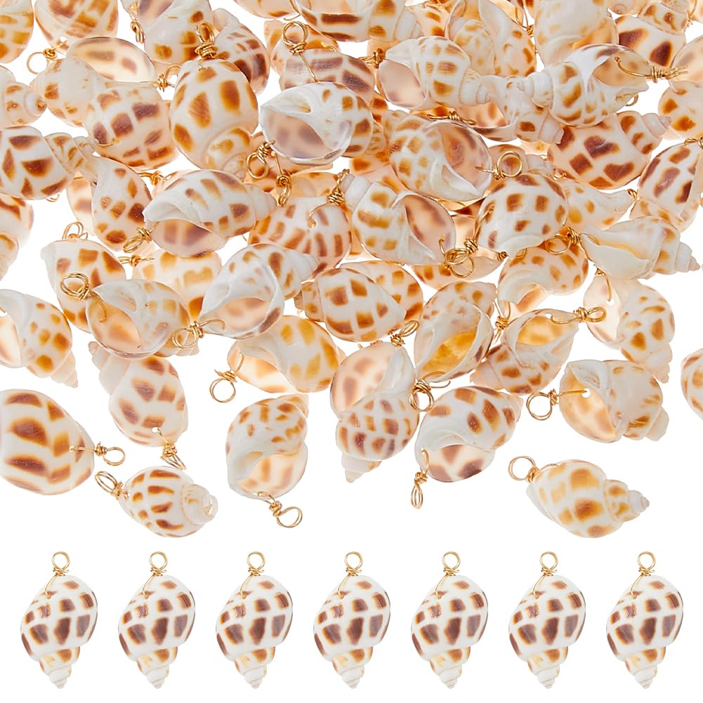 SUPERFINDINGS 70Pcs Natural Spiral Shell Pendants Natural Seashells Charms Ocean Sea Pendants Beach Charms with Wire Wrapped Spiral Golden for Necklace Bracelet Earring DIY Craft, Hole: 3mm
