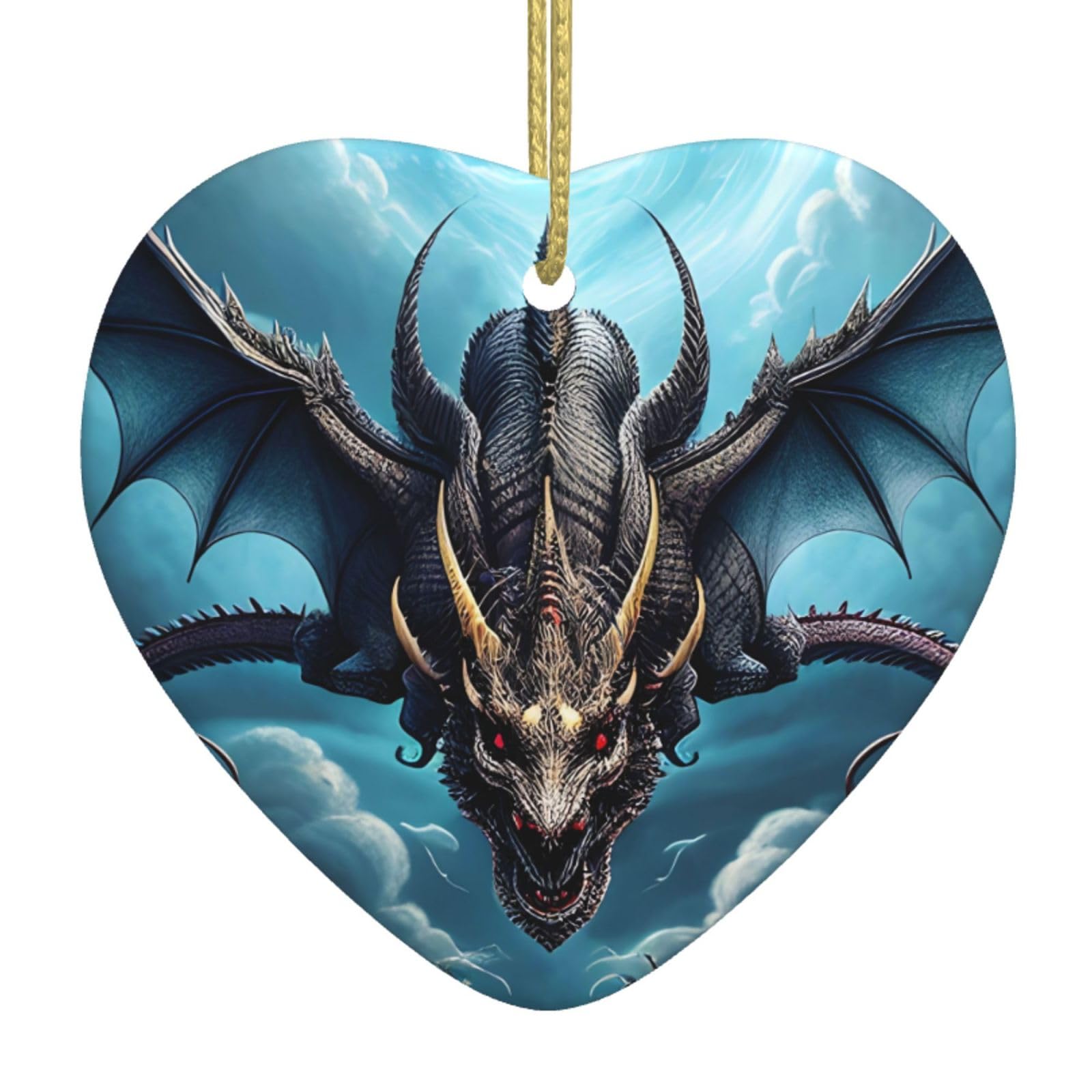 Flying Dragon Ceramic Christmas Heart Pendant with Silk Thread, Christmas Tree Home Decoration