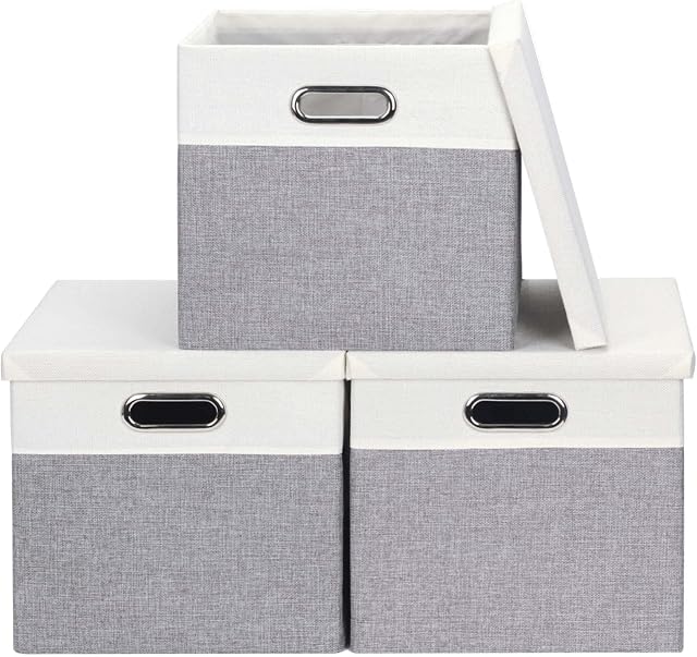 Febzoce Storage Boxes with Lids, Storage Cubes for Unit Shelves Collapsible Fabric Shelf Basket Bins Toy Box Organizer Grey Large 30 x 30 x 30cm 3-Pack