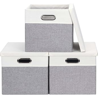 Storage box with lid Foldable fabric Storage cubes Basket trash can Light gray / white square 30 x 30 cm 3 pieces