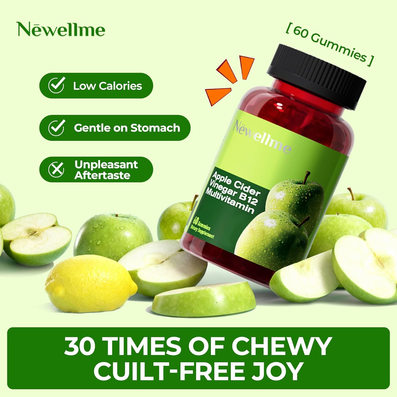 NEWELLME ACV Gummies with The Mother & B12 – Sugar-Free, Great-Tasting Vegan Gummies for Digestion, Metabolism & Daily Energy Support, 180 Count - Image 3