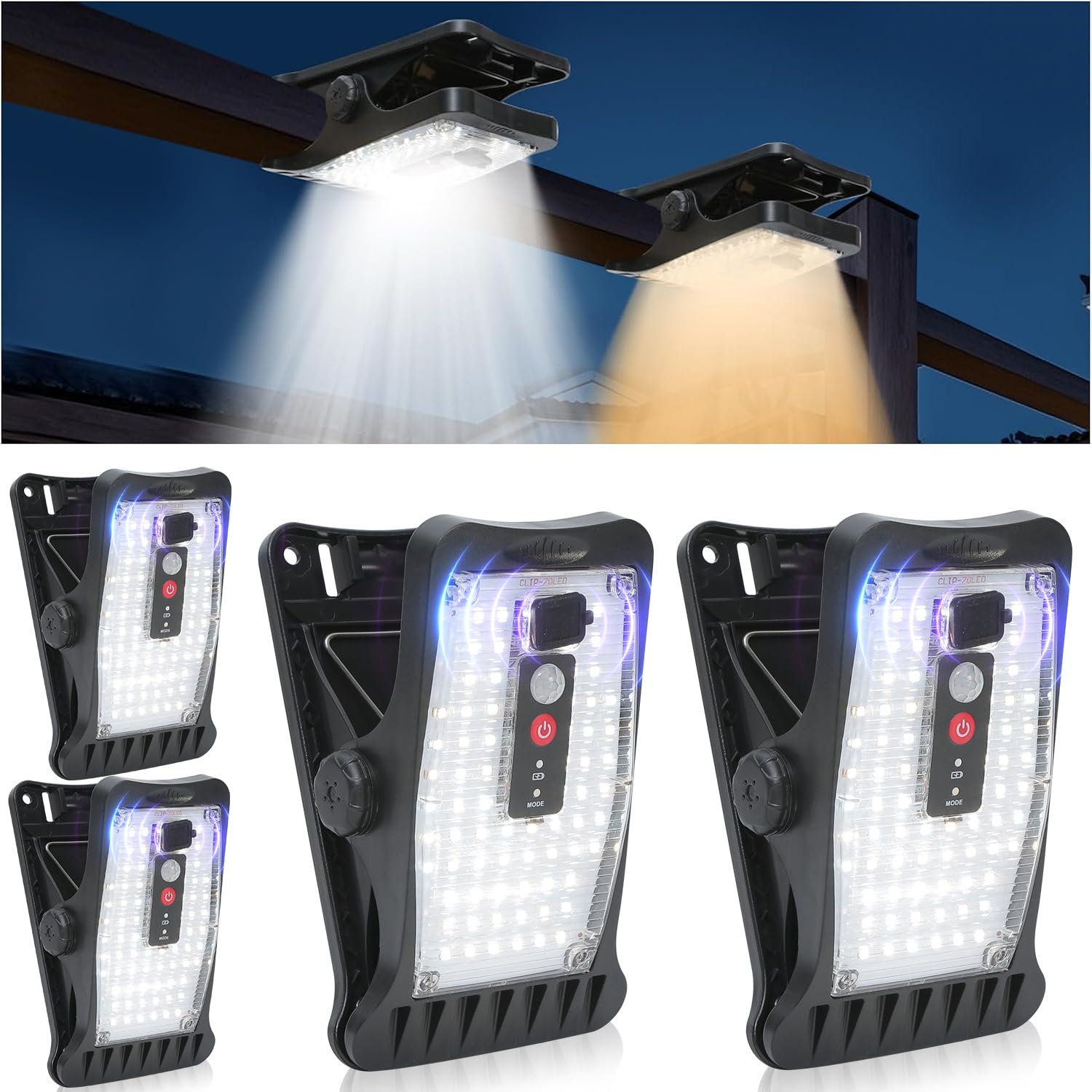 VOPHICHO Solarlampen für Außen, 4 Stück Clip-on Solarleuchten mit Bewegungsmelder, 70 LEDs & 3 Farbtemperaturen, USB & Fernbedienung, Wasserdicht Solar Lampe für Garten Zaun Dachrinnen Beleuchtung