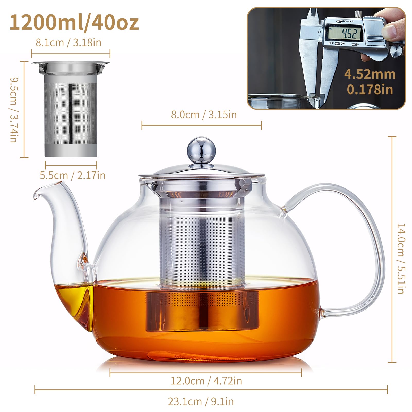 MESNEY Théière en verre de 1200 ml avec infuseur - Passe au four à thé en borosilicate résistant à la chaleur pour thé en vrac, passe au micro-ondes et au lave-vaisselle
