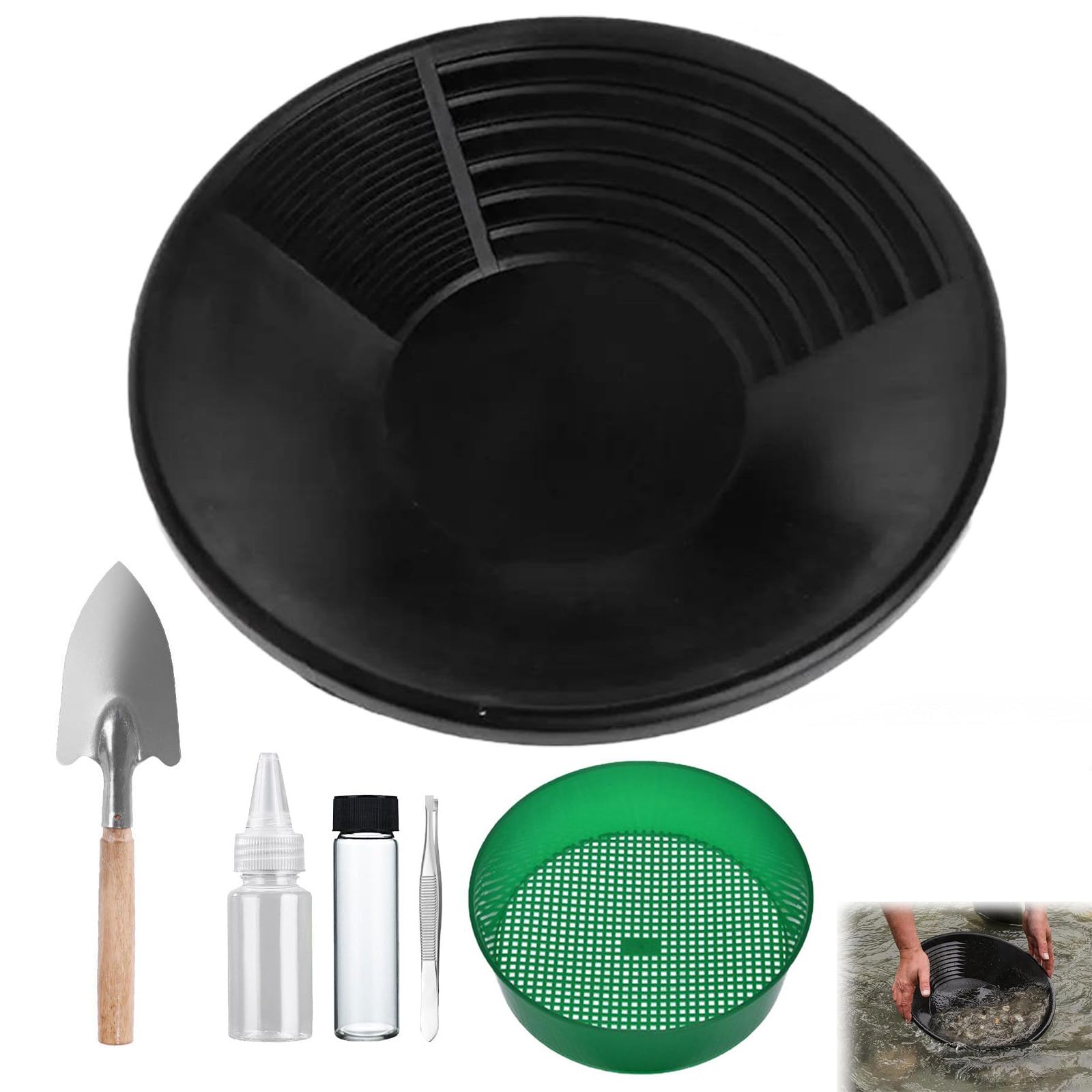 Gold Panning Pan,Accesorios para Tamices Manuales para la Extracción de Oro,Herramientas Portátiles para Buscar Oro al Aire Libre,Batea de Oro Set,Gold ifting,Clasificador de Tamizado 38 cm Tokaneit