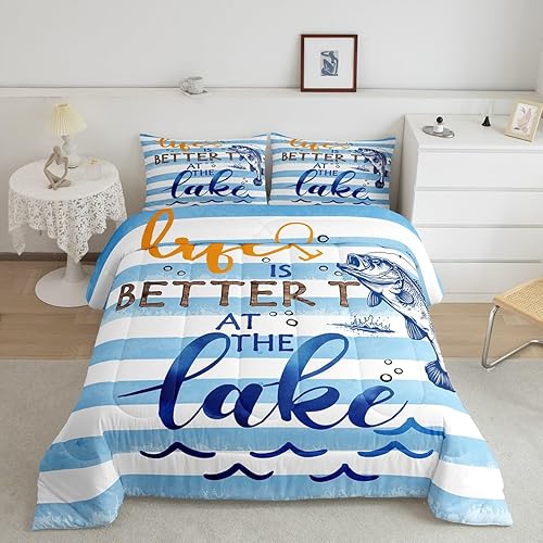 Miniatura 1 de Erosebridal Juego de edredón de pesca con lubina, diseño de peces y lubina, edredón individual de edredón para niños y niñas, juego de ropa de cama