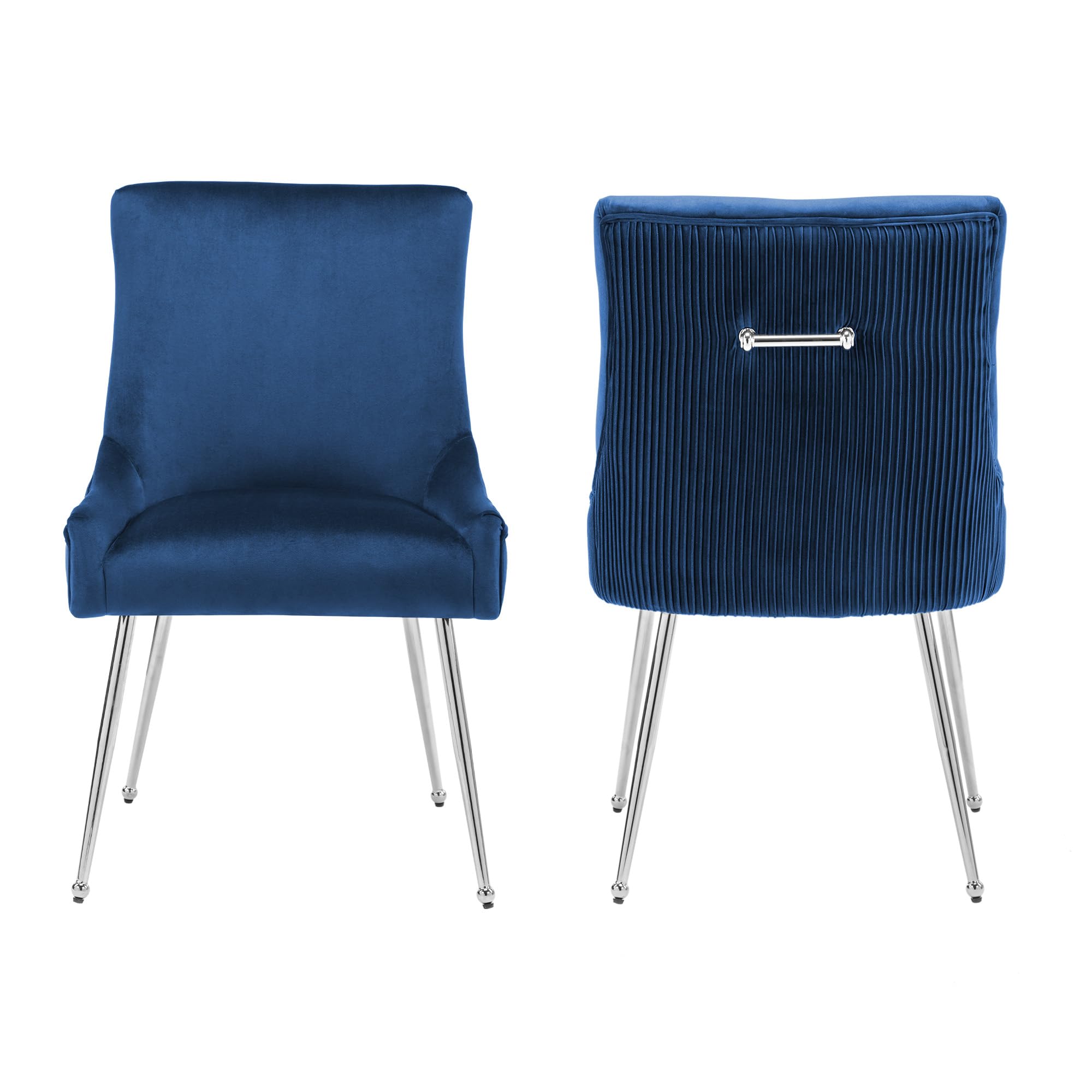 adochr Velvet Dining Chairs Set of 2 with Silver Metal Legs, Modern Upholstered Kitchen Chair with Pull Handle & Pleated Back, Mid Century Accent