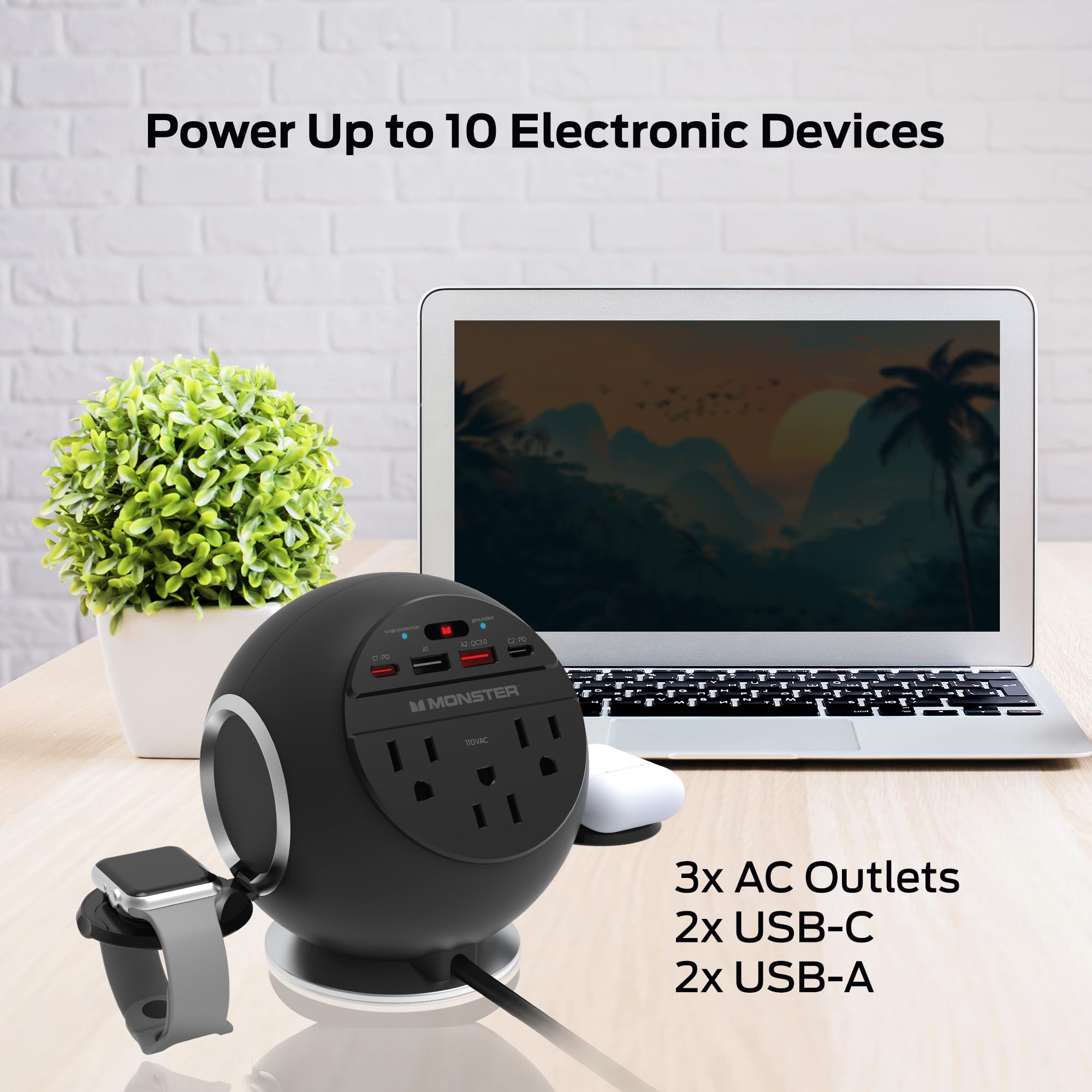 Monster Estación de carga 10 en 1, incluye 3 salidas de CA, 2 puertos USB-A, 2 puertos USB-C PD (65 W máximo), 3 cargadores inalámbricos compatibles con teléfonos compatibles con Qi (15 W), Apple