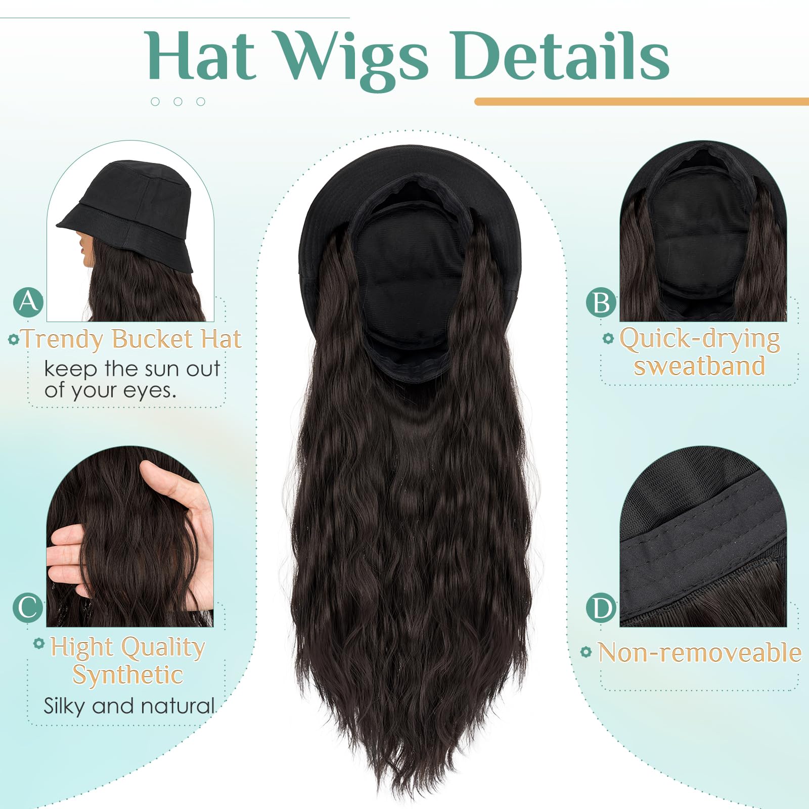 S-noilite Hat Wig for Women Bucket Hat Wig with 18 inch Long Curly Wave Hairstyle Synthetic Hair Extensions - Image 4