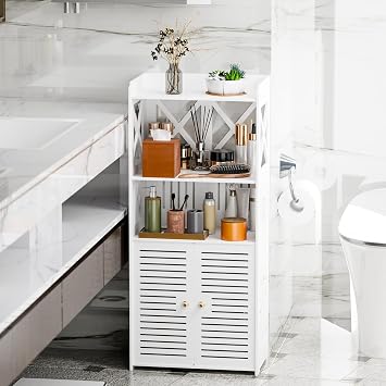 Modern White Bathroom Storage Cabinet, Large Capacity, 3 Shelves & 2 Doors, Corner Floor Cabinet with Open Storage & Display Space
