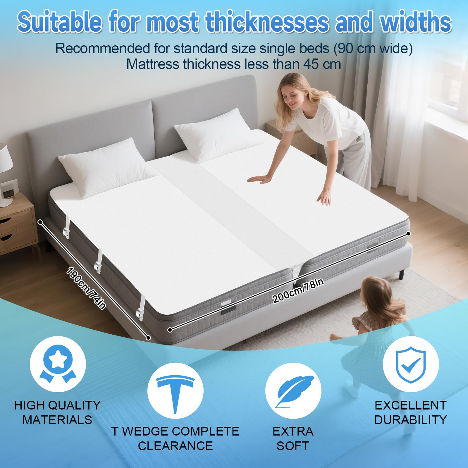 Liebesbrücken Ritzenfüller für Matratzen 200x190cm, Matratzenkeil Lückenfüller Bett mit Matratzenschoner, Matratzenbrücke Bettritzenfüller mit Spanngurt, Matratzenhalter für Matratzen Paare & Familien