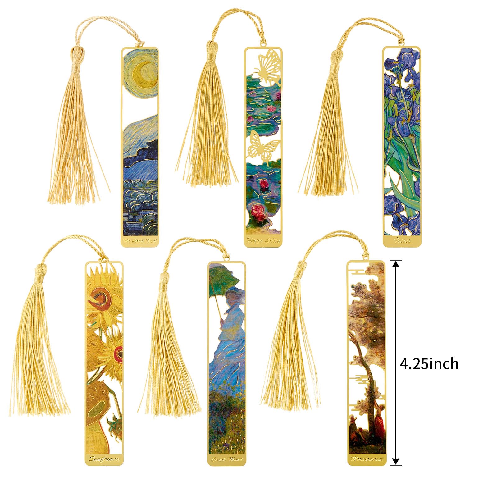 ZOUIQSS Metal Bookmarks with Tassel Golden Hollow Bookmark Van Gogh Oil Painting Theme Book Mark Bookmarks for Book Lovers Writers Readers Men Women,6 Pieces,Style3 - Image 2