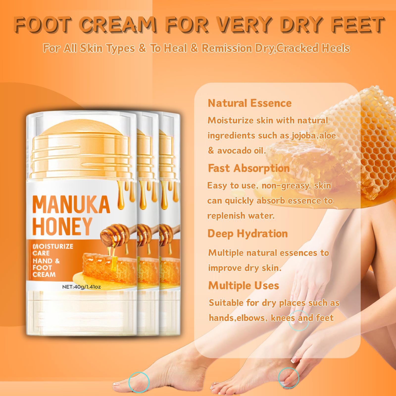 Manuka Honey Heel Balm Stick for Cracked Heel Repair Intensive Foot Cream & Hand Cream for Very Dry Skin Moisturising Stick for Hard Skin 40g Portable Foot Balm *3 Tube - Image 4