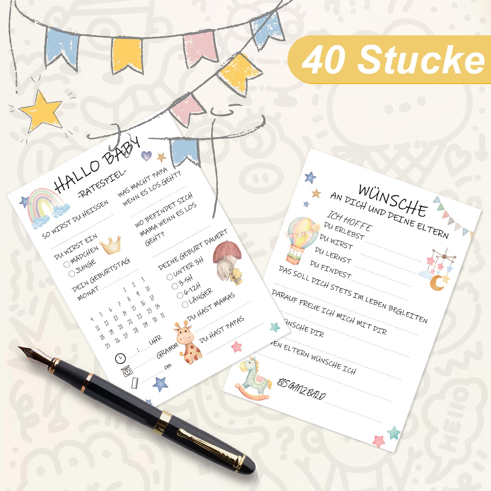 Solyraflux Babyparty Spiele Karten Set - 20 Gender Reveal Tippkarten Für Baby Shower