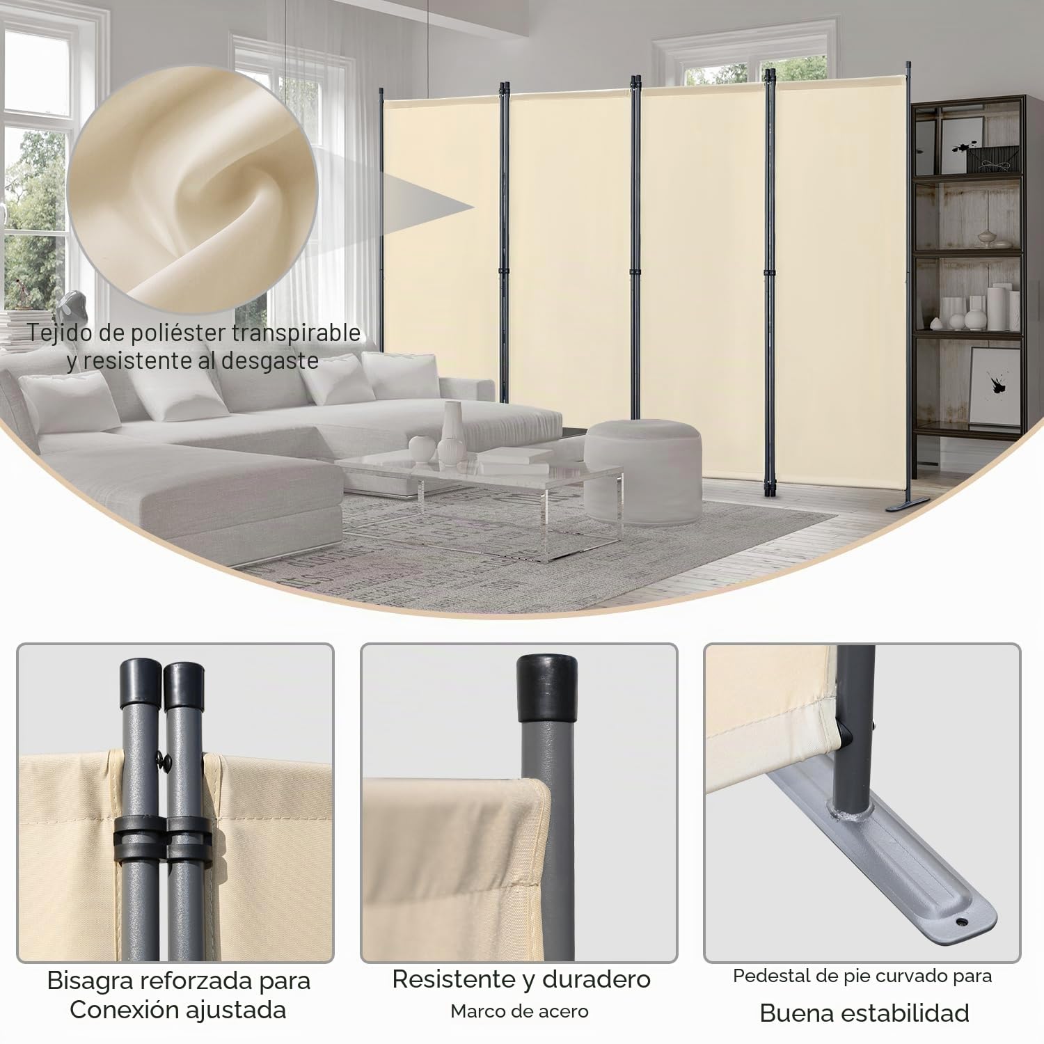 Biombo Separador de 4 Paneles, Decoración Elegante, Separador de Ambientes Plegable, Divisor de Habitaciones, 224X162 cm Beige