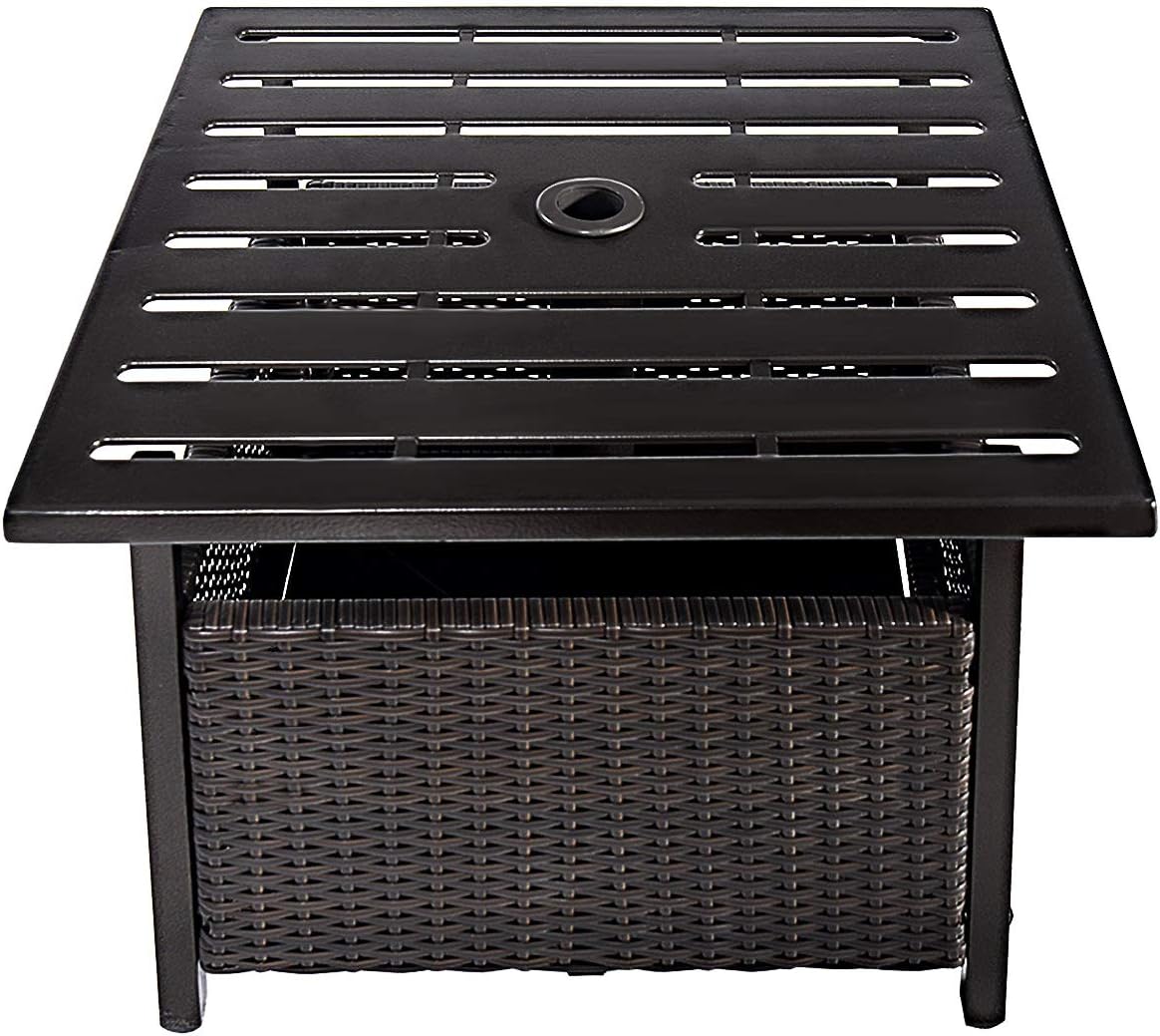 Casart Outdoor Side Table with Umbrella Hole, Wicker PE Rattan Coffee Table Umbrella Stand w/Metal Tabletop, Patio End Table for Garden Backyard Poolside Deck, Square Bistro Patio Table