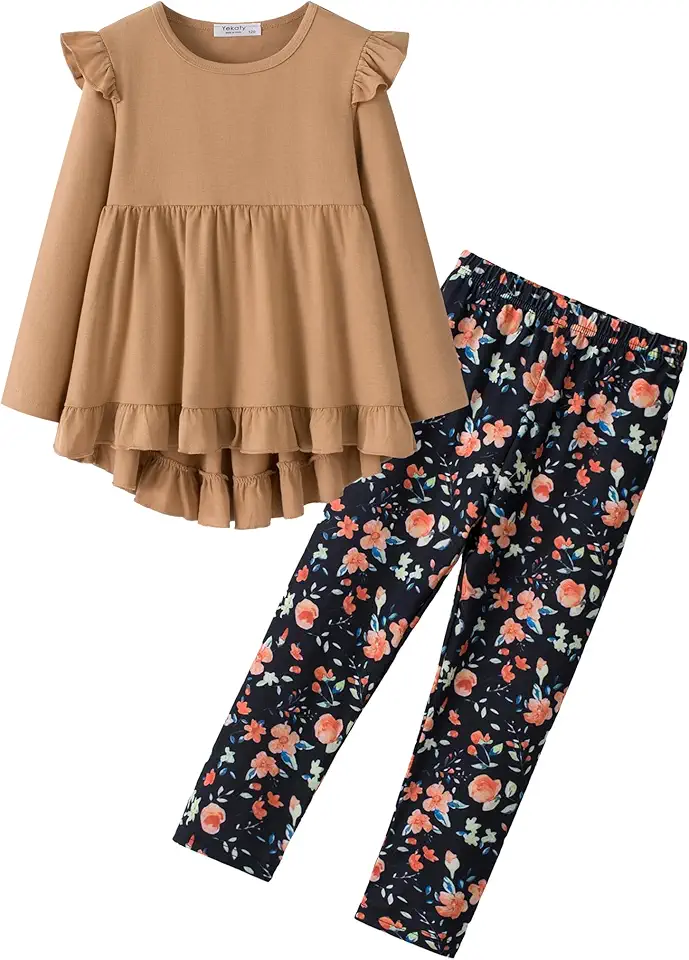 Yekaty Girls Clothes Ruffle Shoulder High Low Hem Long Sleeve Top and Floral Pants 2 Piece Fall Outfits Clothing Set
