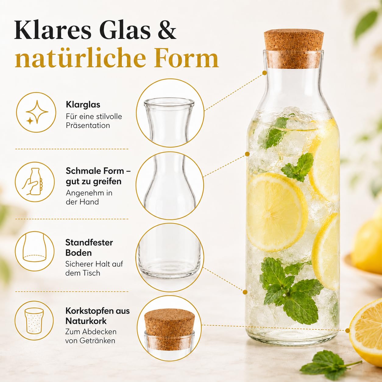 YAYODS 4 caraffa per acqua con tappo in sughero – caraffa in vetro da 1,2 litri – caraffa in vetro con coperchio per acqua frizzante, frutta, succhi di frutta, ristoranti, feste, matrimoni, compleanni