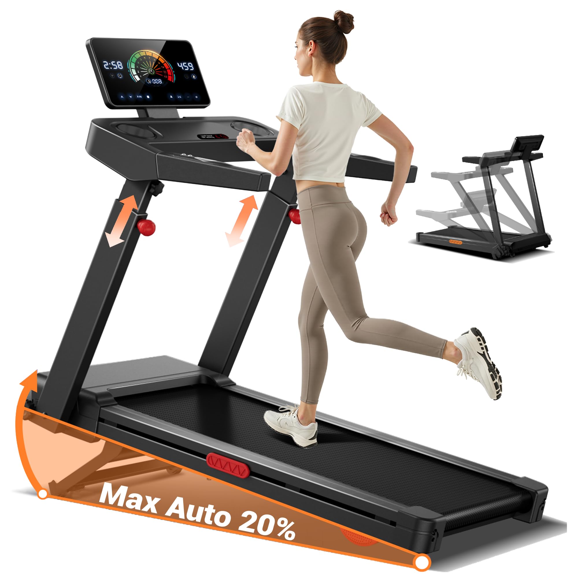 CURSOR Cinta de Correr Plegable con Inclinación Automática 20%, 14 KM/H | Caminadora Eléctrica con Consola Ajustable en 4 Niveles, 3,5 CV Cinta de Andar con Pantalla LED, Capacidad de 180kg