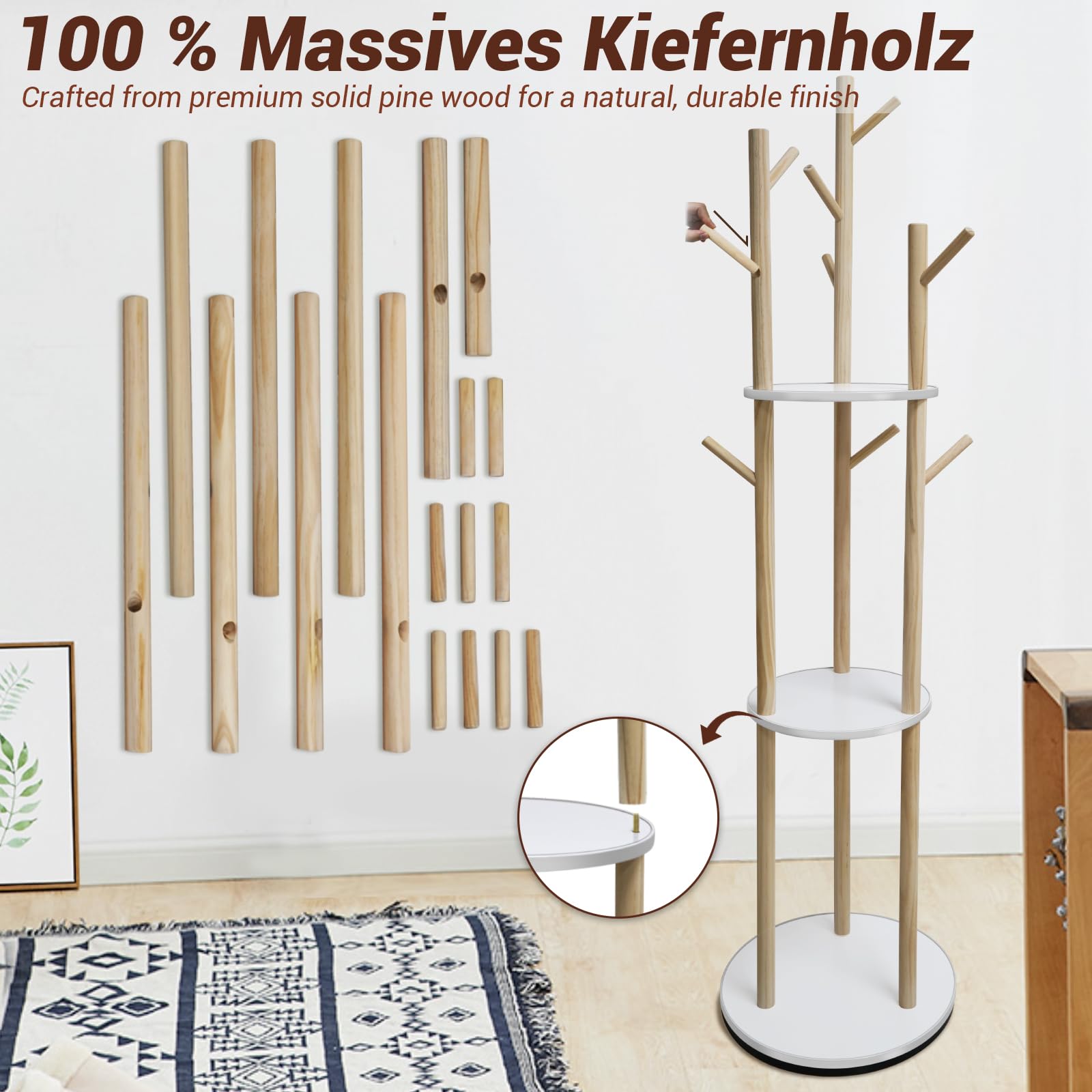 SUNDOY Drehbarer Garderobenständer aus Massivholz, 3 Ablagen & 9 Haken, stabil & einfach zu montieren, für Flur & Schlafzimmer, 165×41×41 cm, für Hüte, Schals & Taschen (Drehbare Garderobe)