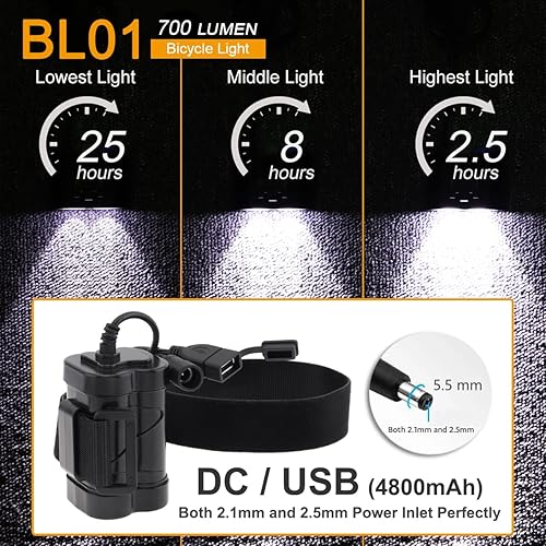 Miniatura 3 de SecurityIng Luz LED impermeable de 700 lúmenes para bicicleta, 4 modos, lámpara de bicicleta súper brillante + batería recargable de 8.4 V +