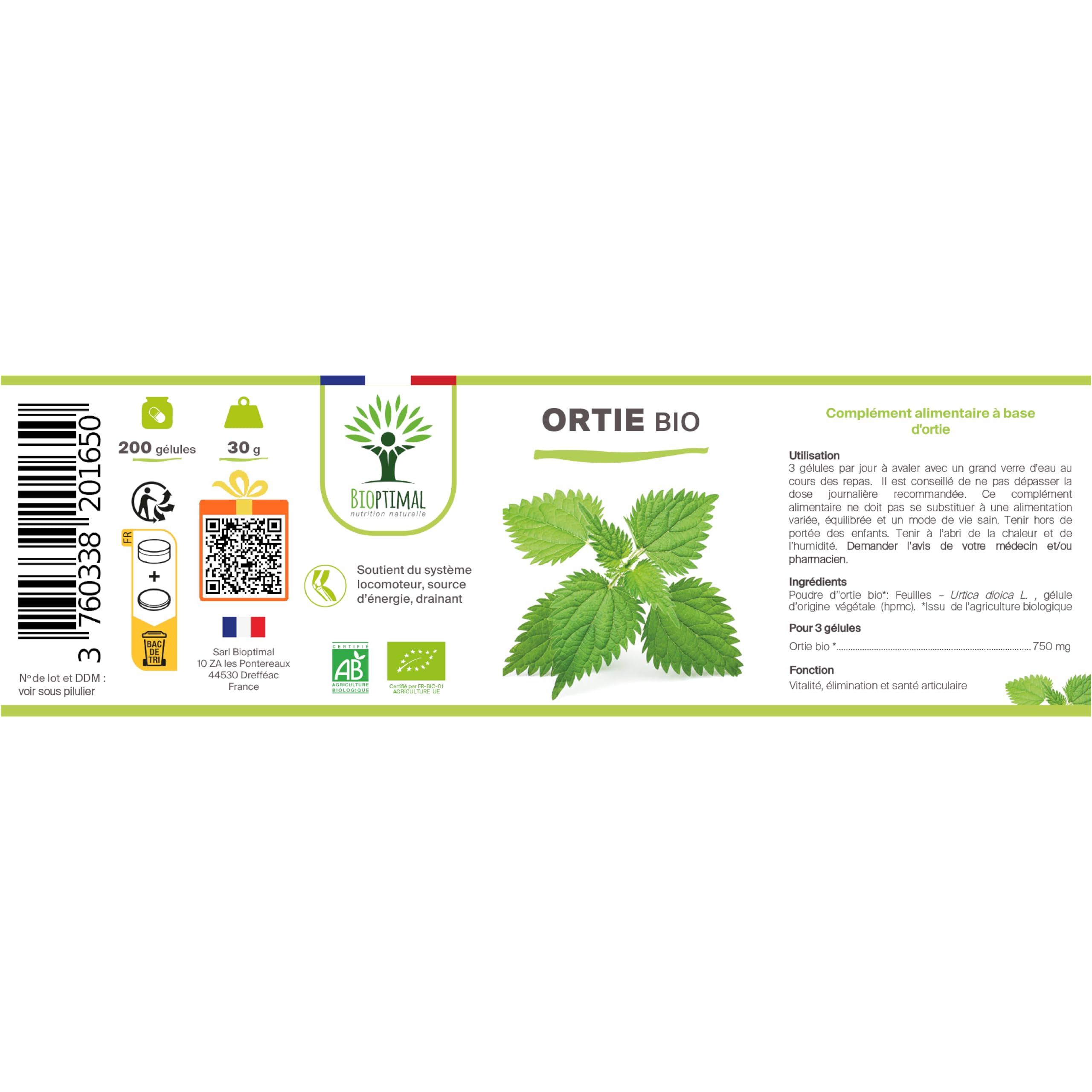 Ortie Bio - Bioptimal - Complément Alimentaire - Silicium Organique - Poudre de Feuille Ortie Pure - Articulation Peau Circulation - 250 mg/gélule - Cultivé en France - Certifié Ecocert - 200 gélules