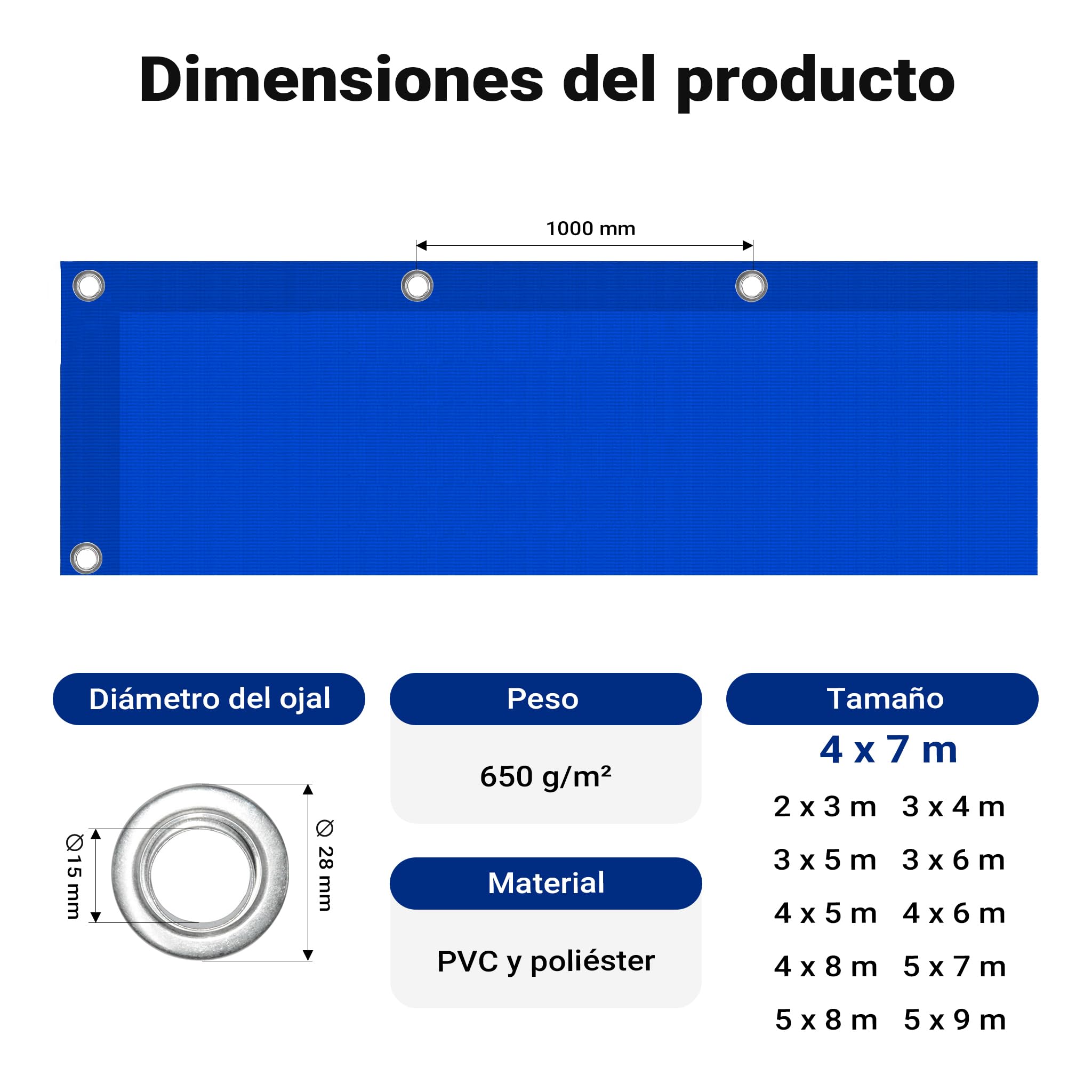 Wiltec Lona Impermeable Azul 4 x 7 m con Ojales de Acero Inoxidable, 650 g/m² Resistente a los Rayos UV, Moho y desgarro, poliéster con Revestimiento de PVC y Bordes Reforzados, Ideal para Exteriores