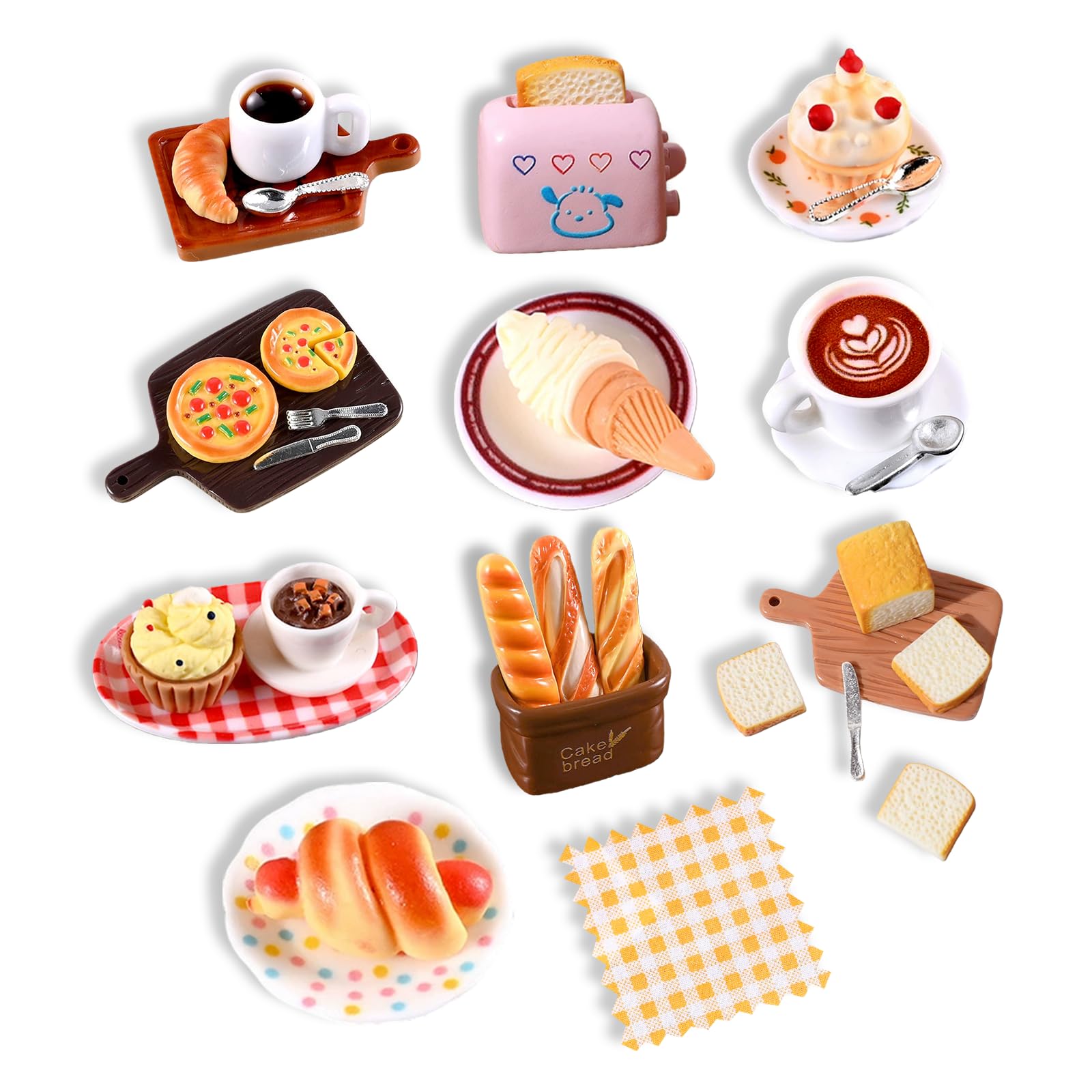 NXDHPLIENG 36 Pieces 1/12 Mini Dollhouse Accessories, Miniature Food and Drin，Resin Kitchen Gnome Food Set with Resin Cake, Bread, Pizza, Fruit, Coffee, Decor DIY