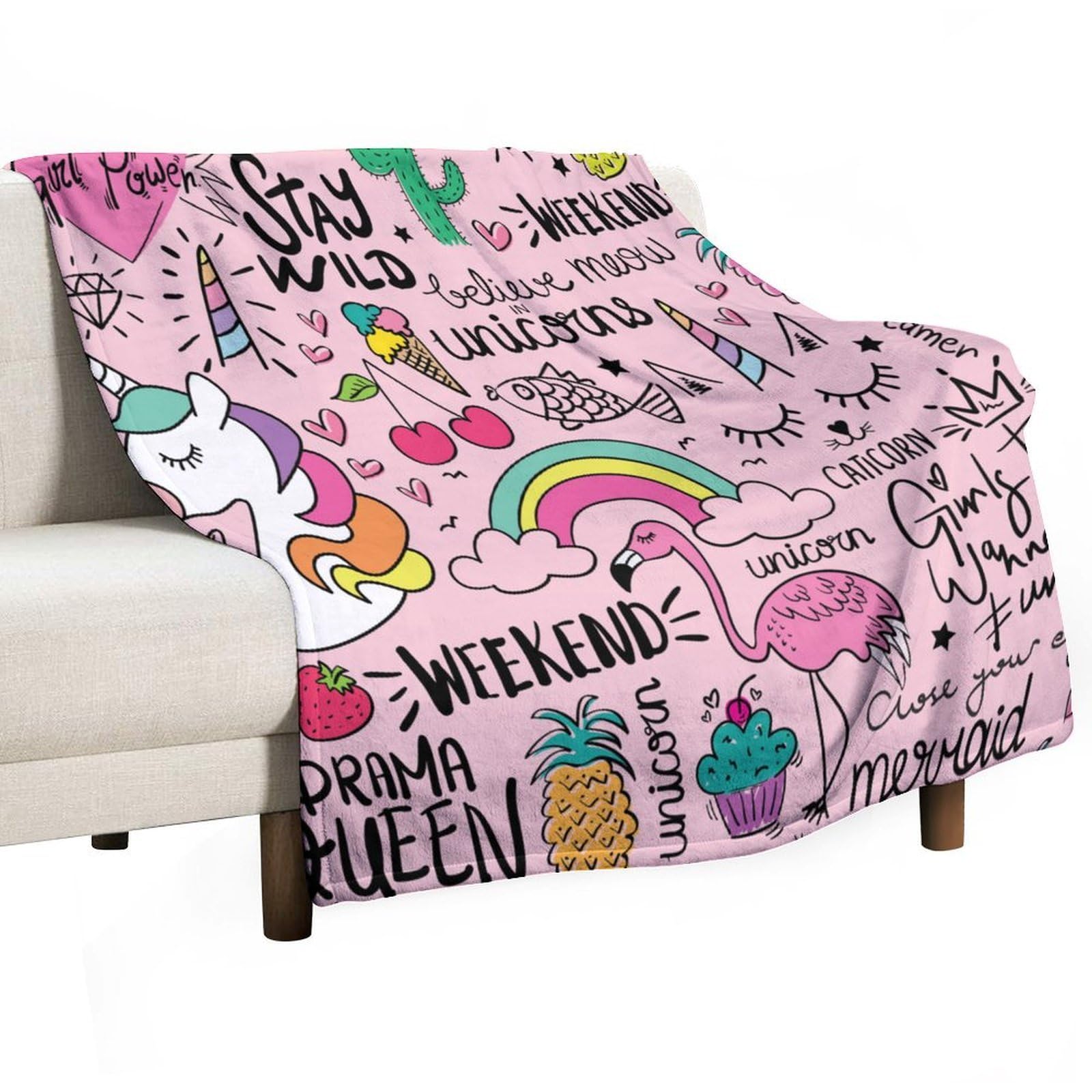 BenYaSong Rainbow Unicorn Blanket Cactus Strawberry Cherry Cartoon Decor Bedding Blanket Gifts for Boys Girls Kids Adult Men Women 50"x60"