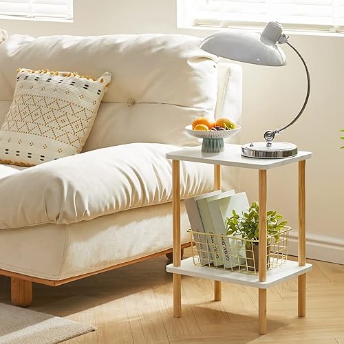 Miniatura 2 de IBUYKE Mesa auxiliar de 3 niveles, mesa auxiliar alta de madera maciza con estantes de almacenamiento, mesita de noche para sala de estar,