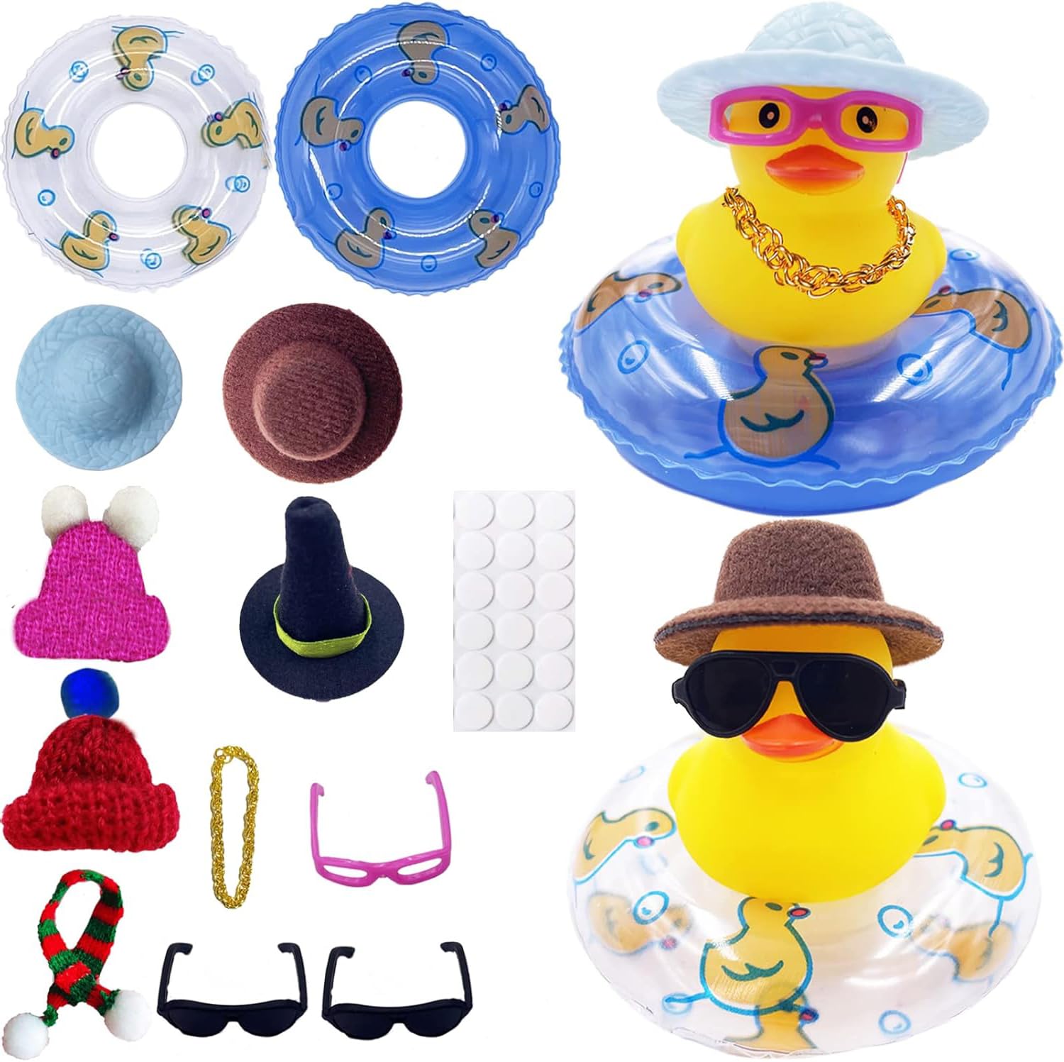 2 Pcs Rubber Duck Car Decoration Dashboard Yellow Duck Hat Sunglasses Gold Chain Donut Scarf for Bath Toys Shower Toy Car Office Bedroom Ornaments