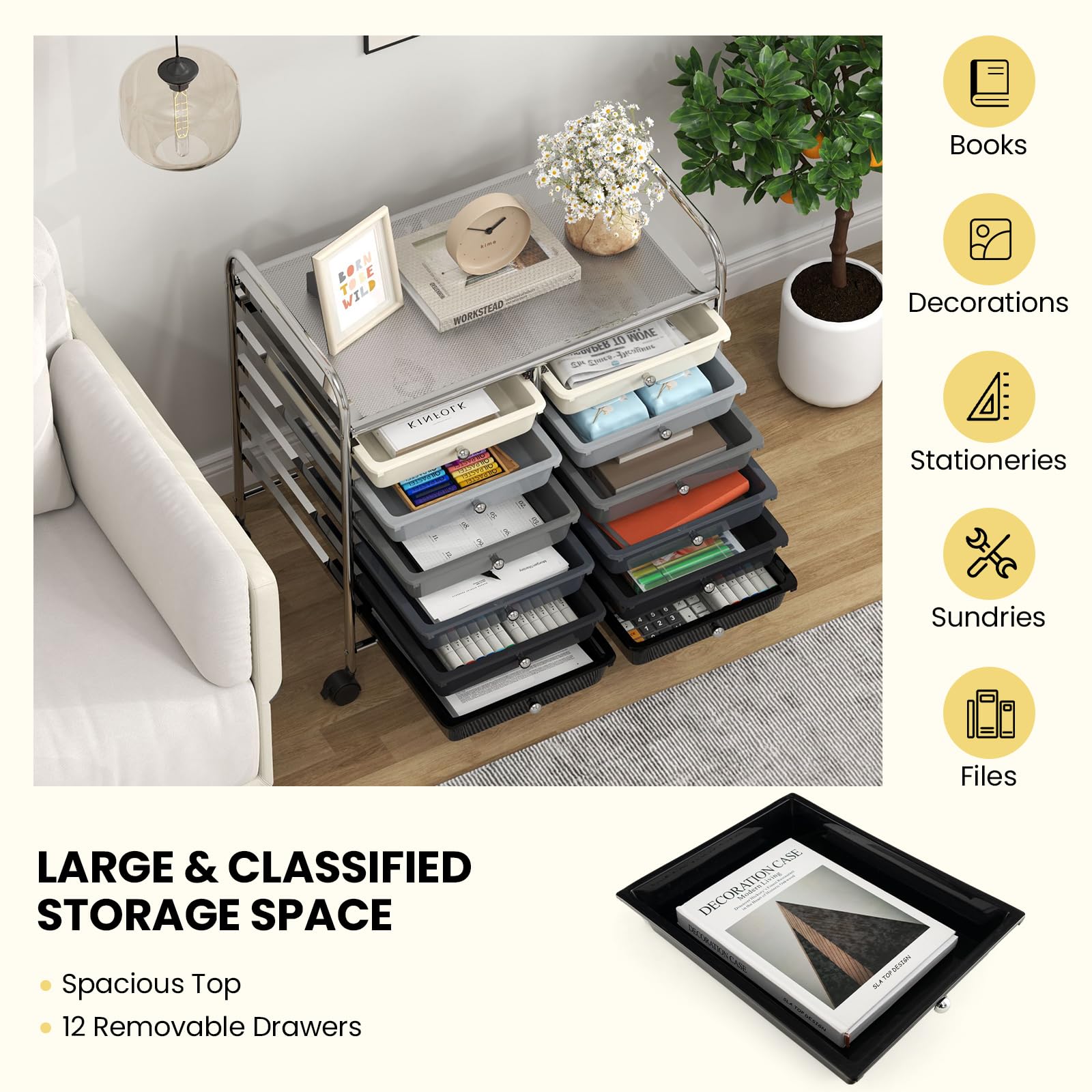 GIANTEX Carrello con 12 cassetti impilabili, carrello per cassetti con ruote e piano di lavoro, carrello per soggiorno, cucina, camera da letto e uffici, 64 x 38 x 62 cm (nero e grigio)